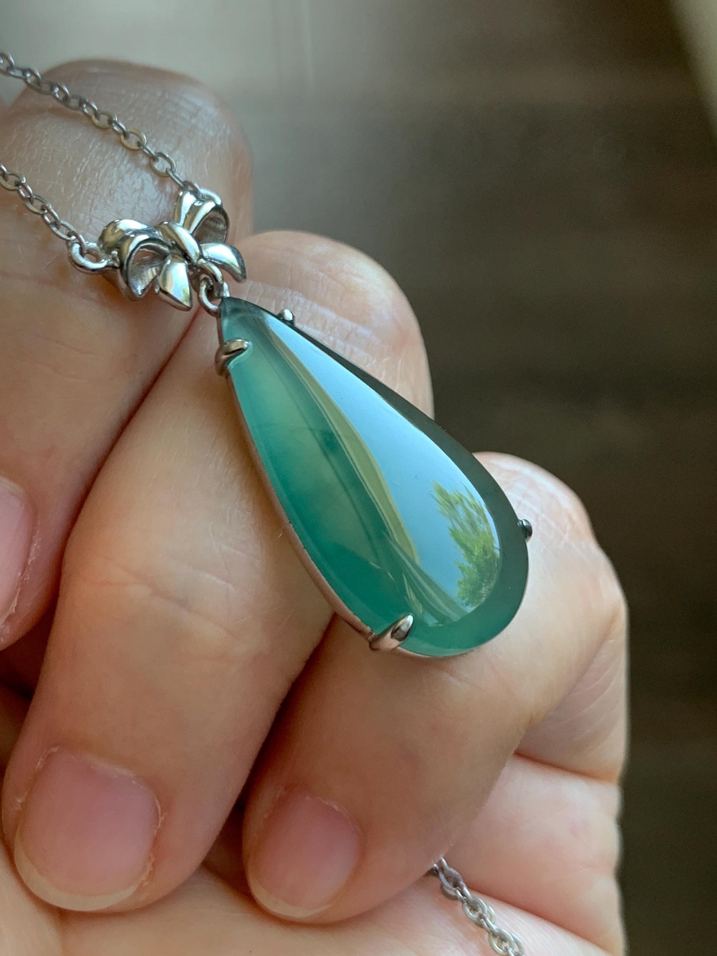 Certified Natural Guatemalan Icy Highly Translucent Teal Green Jadeite Teardrop Pendant Necklace Sterling Silver 16.75” 天然冰危蓝绿翡翠水滴锁骨链 9436