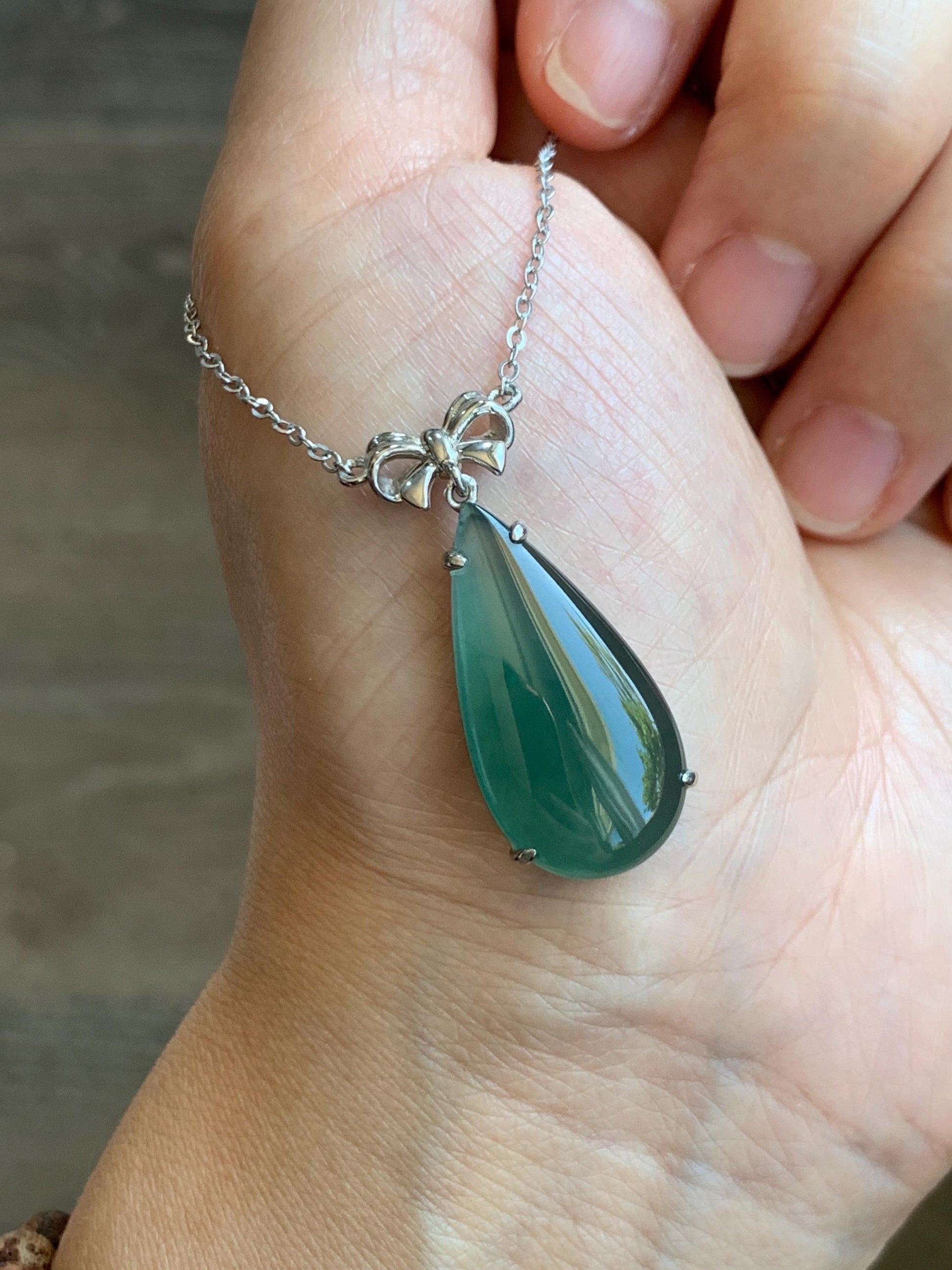 Certified Natural Guatemalan Icy Highly Translucent Teal Green Jadeite Teardrop Pendant Necklace Sterling Silver 16.75” 天然冰危蓝绿翡翠水滴锁骨链 9436