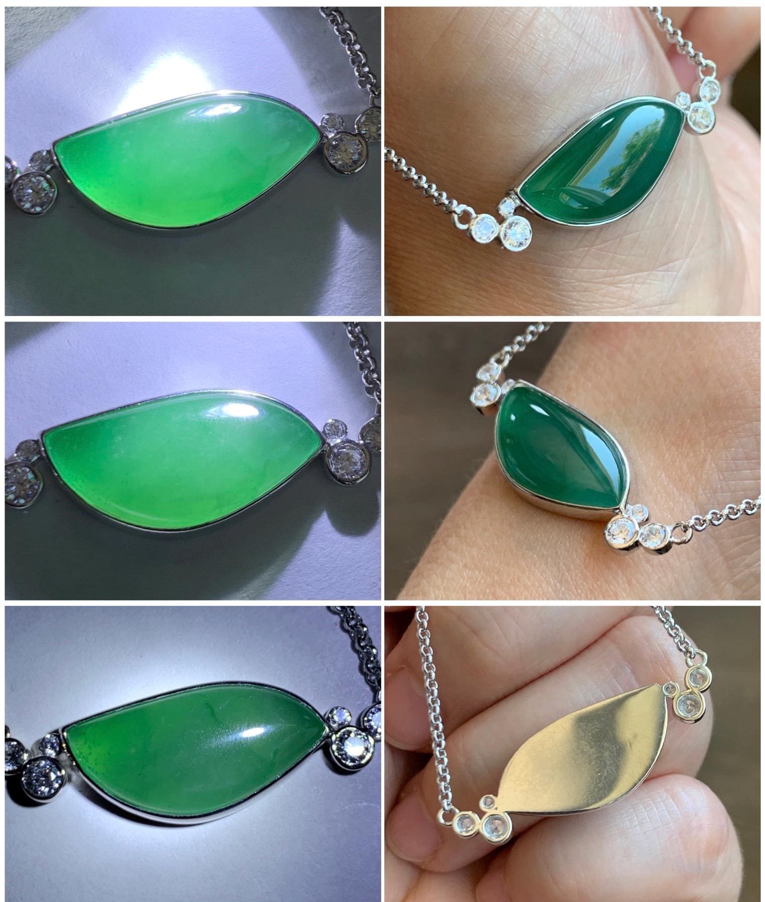 Certified Natural Grade A Guatemalan Icy Translucent Rich Green Jadeite Horse Eye Pendant Necklace Sterling Silver 19” 天然冰危绿翡翠马眼锁骨链 9460