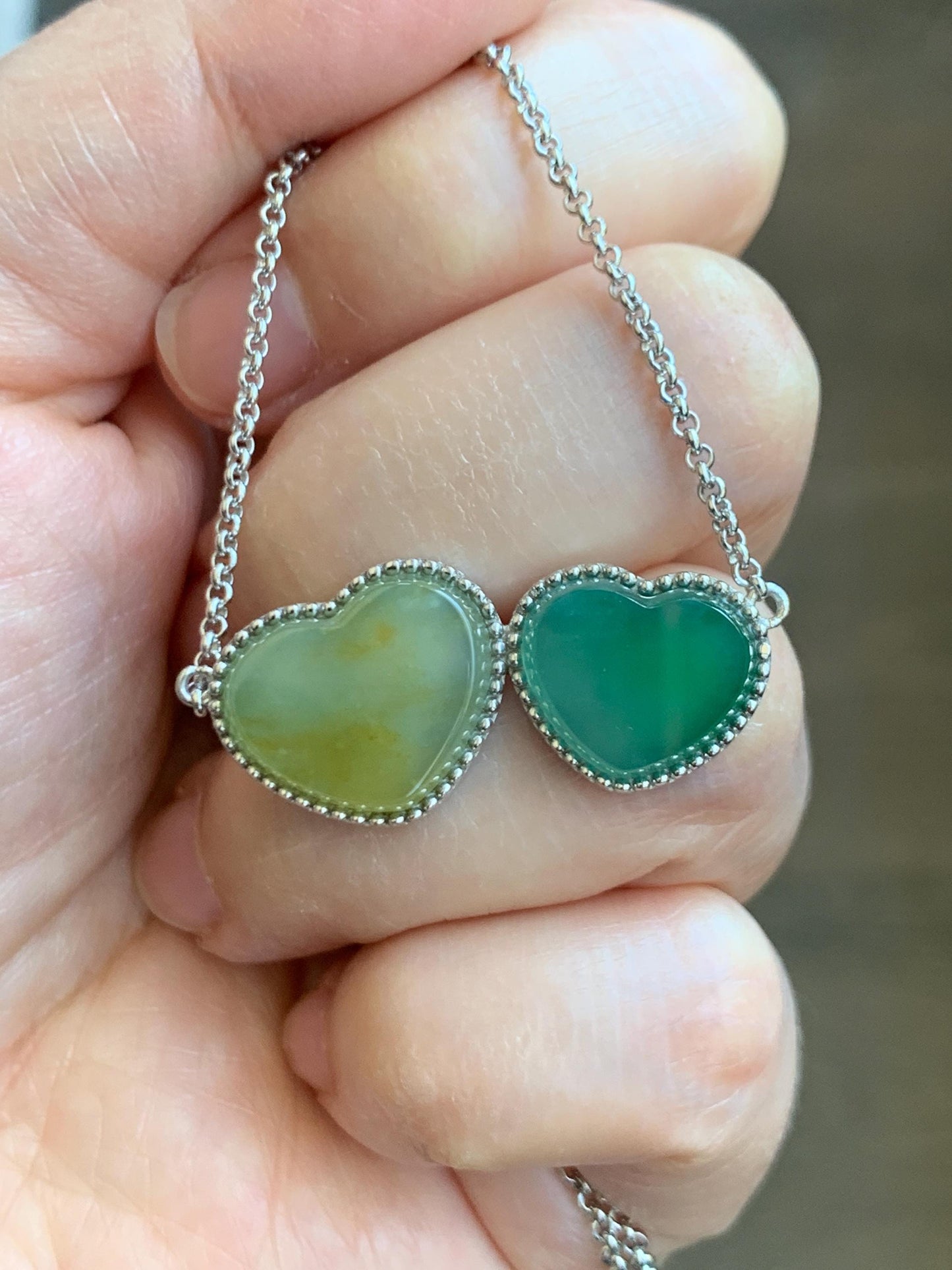 Certified Natural Guatemalan Icy Highly Translucent Yellow & Teal Green Jadeite Heart Pendant Necklace Sterling Silver 19” 天然冰危翡翠爱心锁骨链 9473