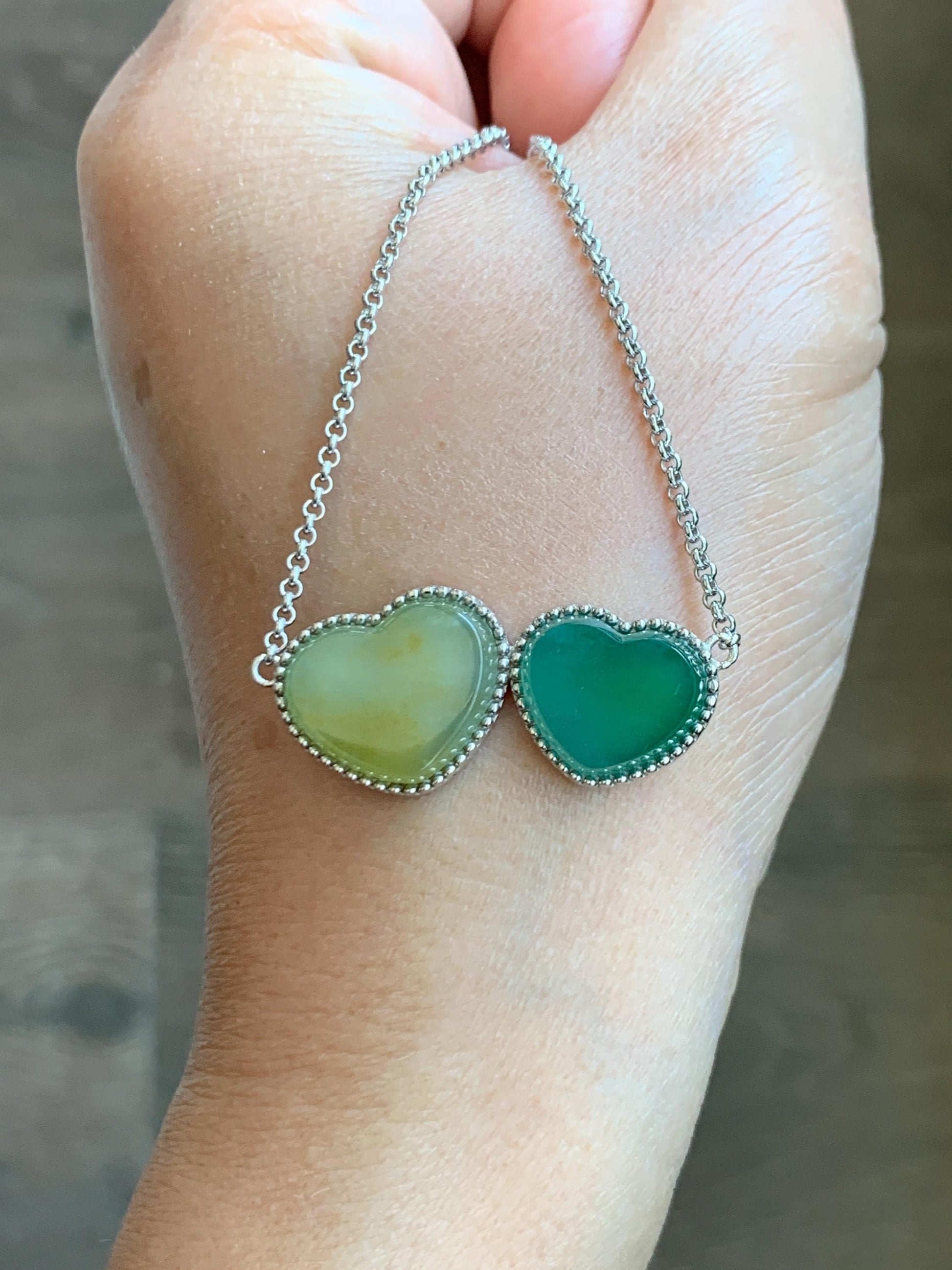 Certified Natural Guatemalan Icy Highly Translucent Yellow & Teal Green Jadeite Heart Pendant Necklace Sterling Silver 19” 天然冰危翡翠爱心锁骨链 9473