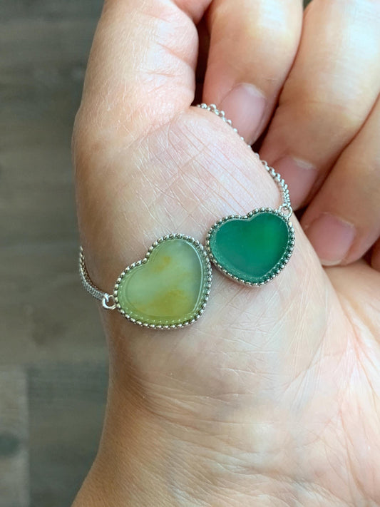 Certified Natural Guatemalan Icy Highly Translucent Yellow & Teal Green Jadeite Heart Pendant Necklace Sterling Silver 19” 天然冰危翡翠爱心锁骨链 9473