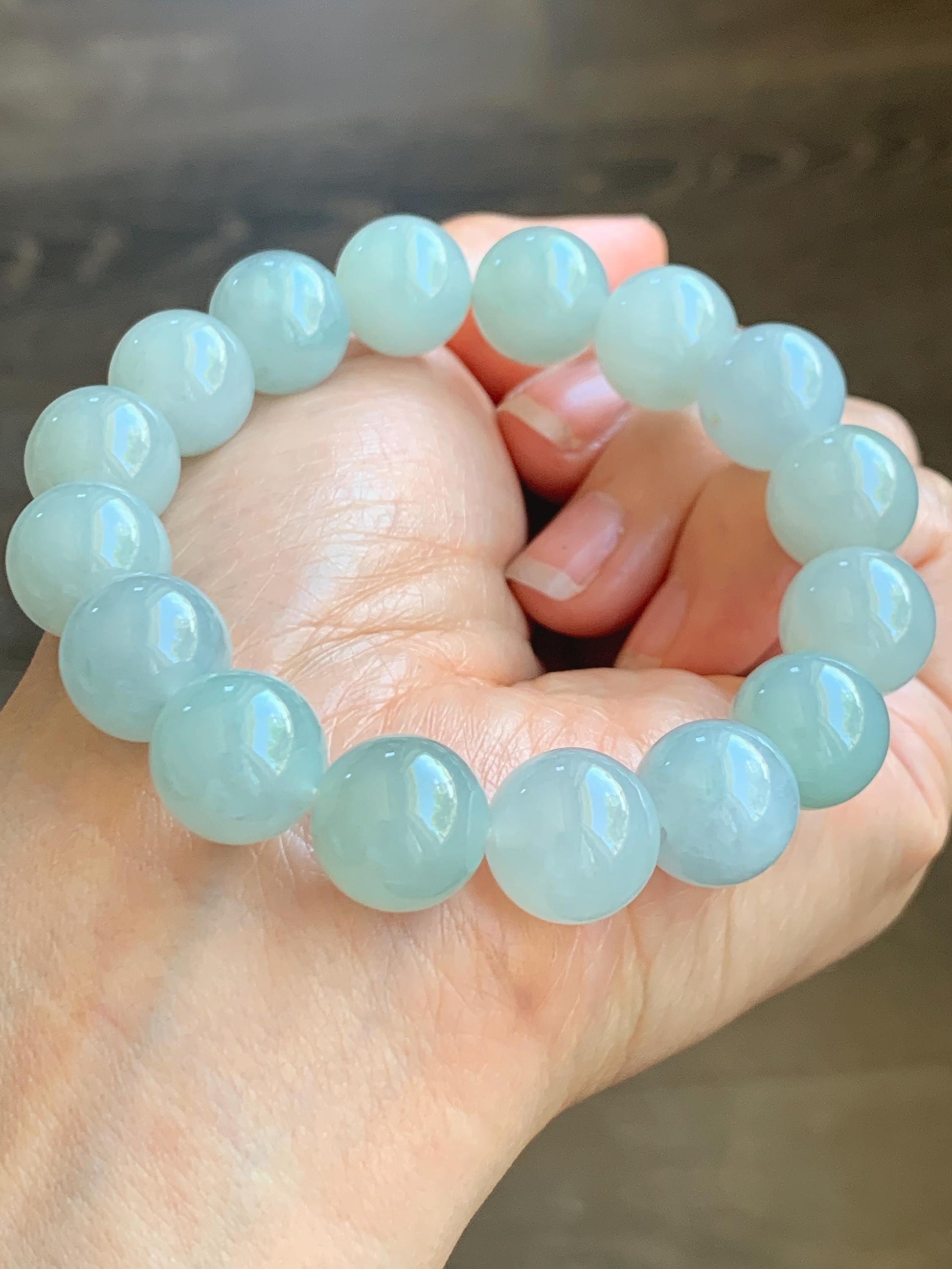 Certified Natural Grade A Icy Translucent Gelatinous Light Green Jade Jadeite Large Beads Beaded Bracelet 13mm 7.5" 58g 天然冰胶晴底翡翠大卡圆珠手串 9403
