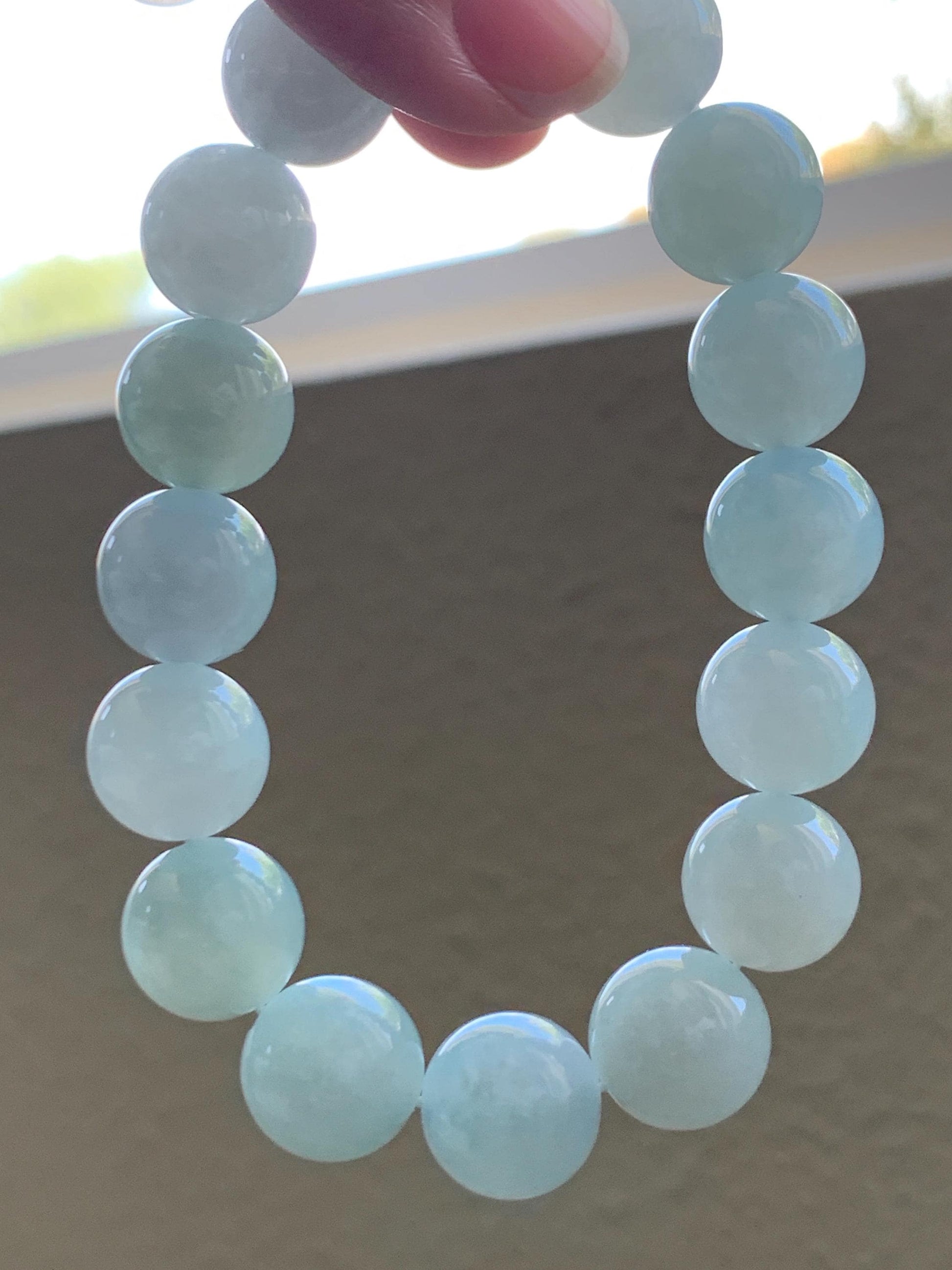 Certified Natural Grade A Icy Translucent Gelatinous Light Green Jade Jadeite Large Beads Beaded Bracelet 13mm 7.5" 58g 天然冰胶晴底翡翠大卡圆珠手串 9403
