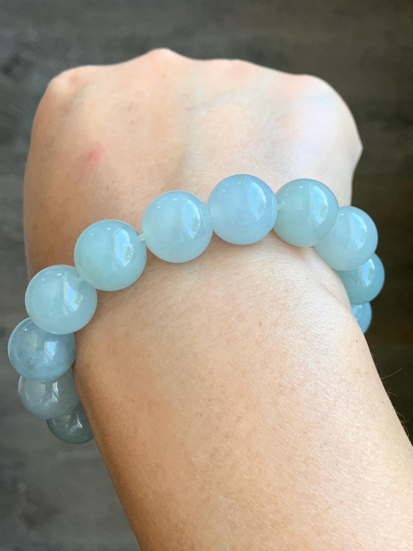Certified Natural Grade A Icy Translucent Gelatinous Light Green Jade Jadeite Large Beads Beaded Bracelet 13mm 7.5" 58g 天然冰胶晴底翡翠大卡圆珠手串 9403