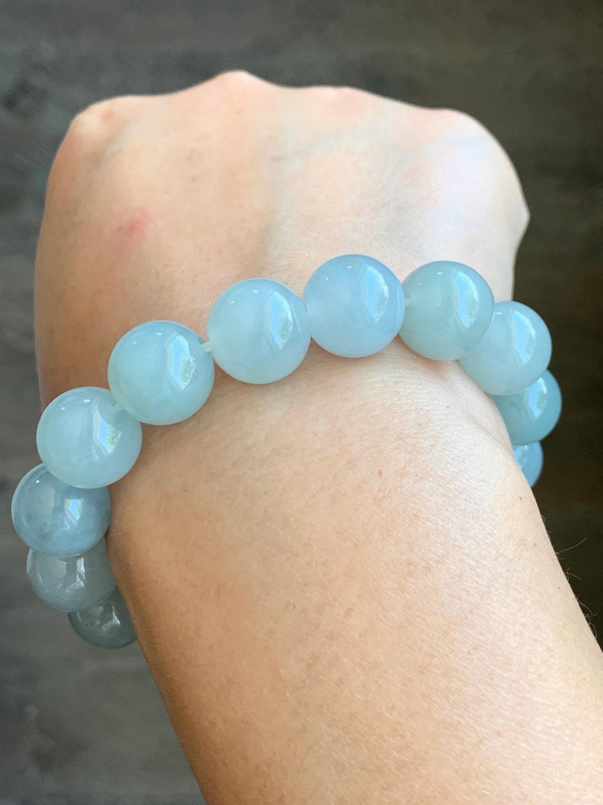 Certified Natural Grade A Icy Translucent Gelatinous Light Green Jade Jadeite Large Beads Beaded Bracelet 13mm 7.5" 58g 天然冰胶晴底翡翠大卡圆珠手串 9403