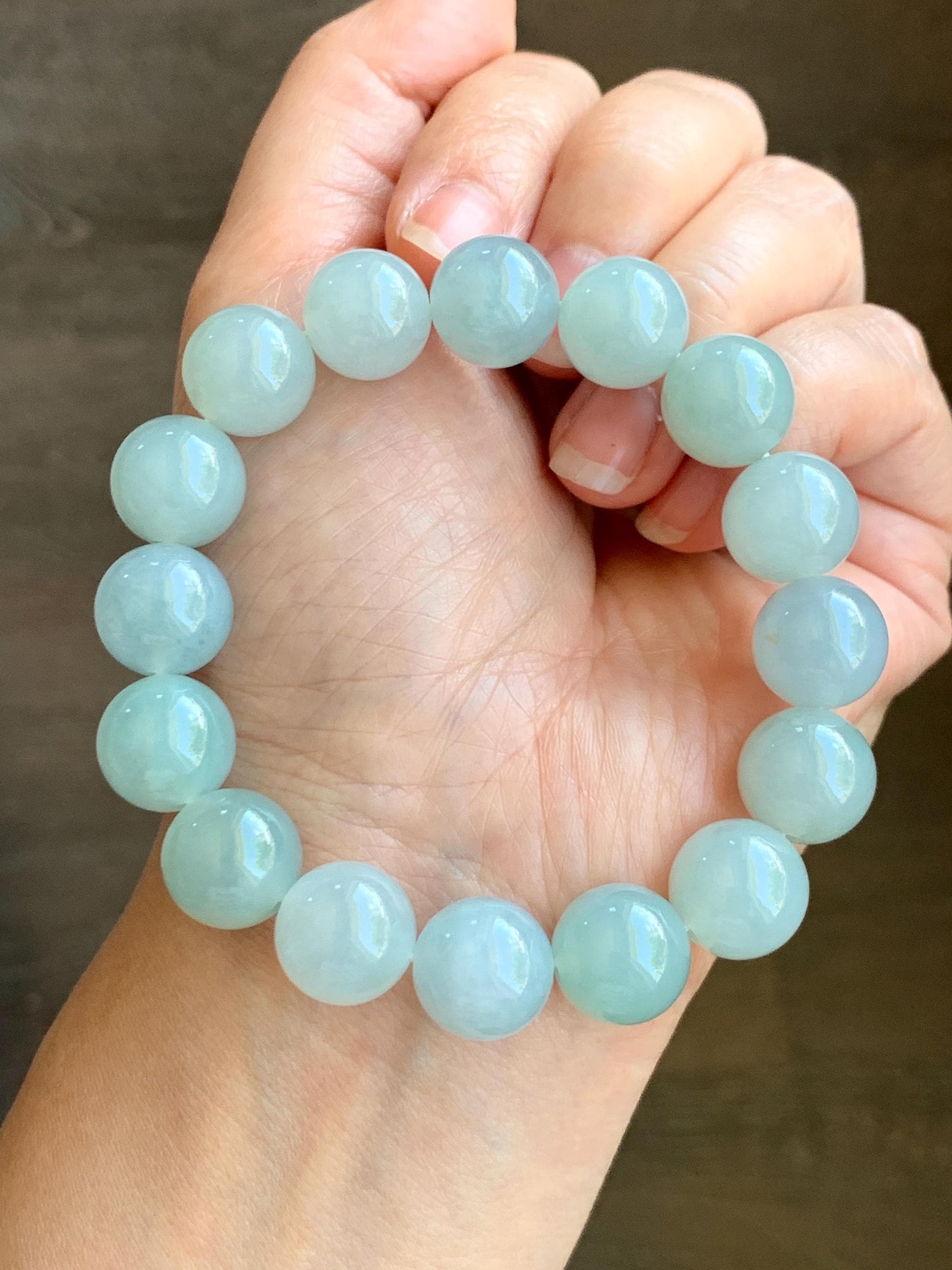 Certified Natural Grade A Icy Translucent Gelatinous Light Green Jade Jadeite Large Beads Beaded Bracelet 13mm 7.5" 58g 天然冰胶晴底翡翠大卡圆珠手串 9403