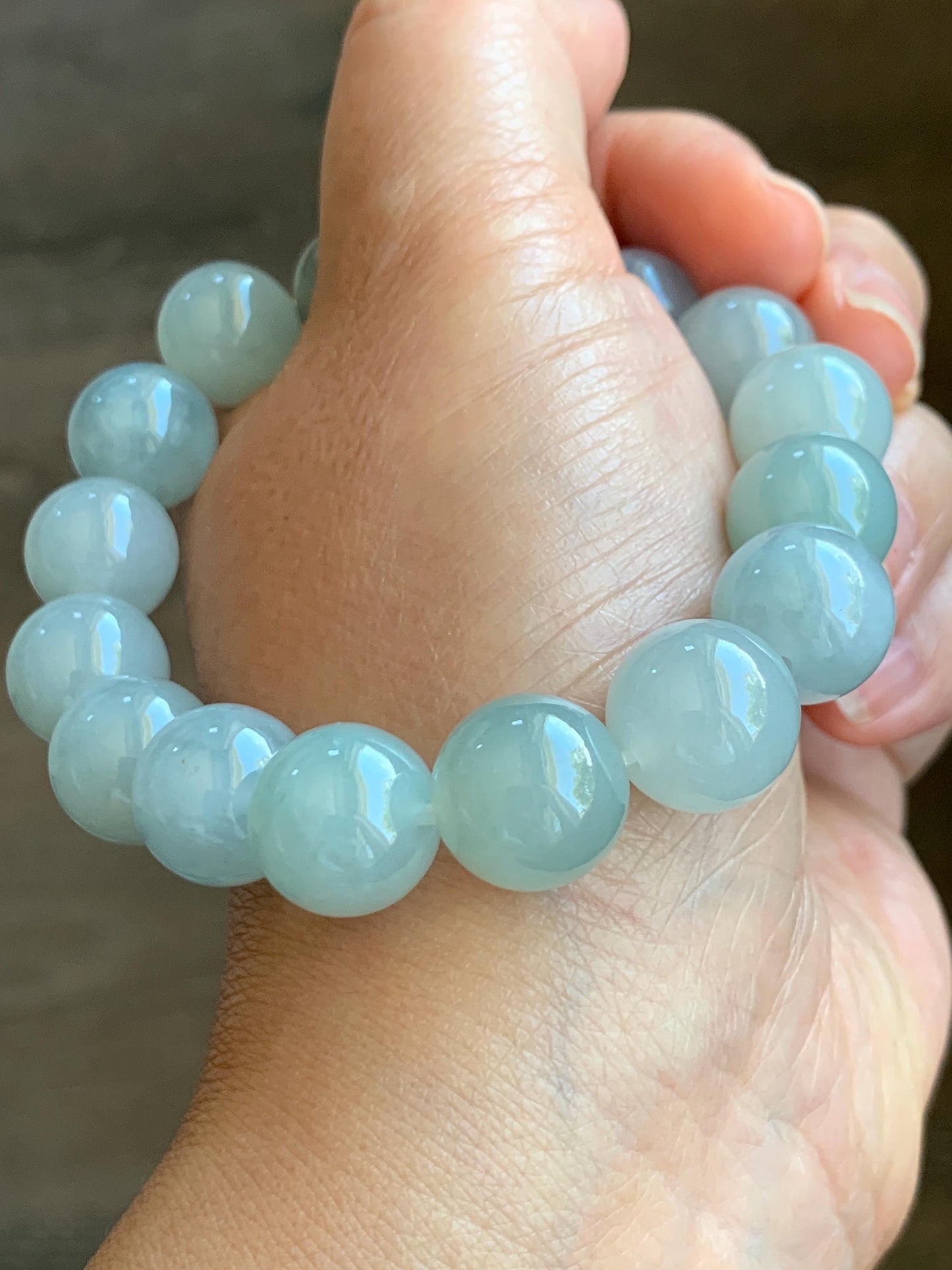Certified Natural Grade A Icy Translucent Gelatinous Light Green Jade Jadeite Large Beads Beaded Bracelet 13mm 7.5" 58g 天然冰胶晴底翡翠大卡圆珠手串 9403
