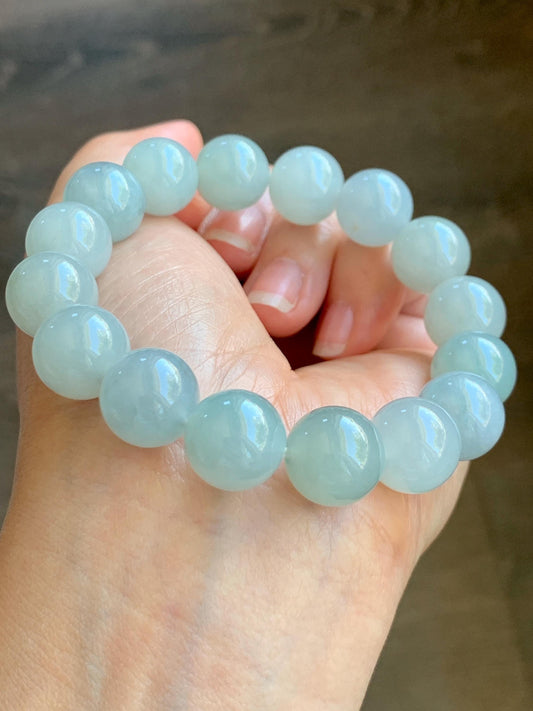 Certified Natural Grade A Icy Translucent Gelatinous Light Green Jade Jadeite Large Beads Beaded Bracelet 13mm 7.5" 58g 天然冰胶晴底翡翠大卡圆珠手串 9403