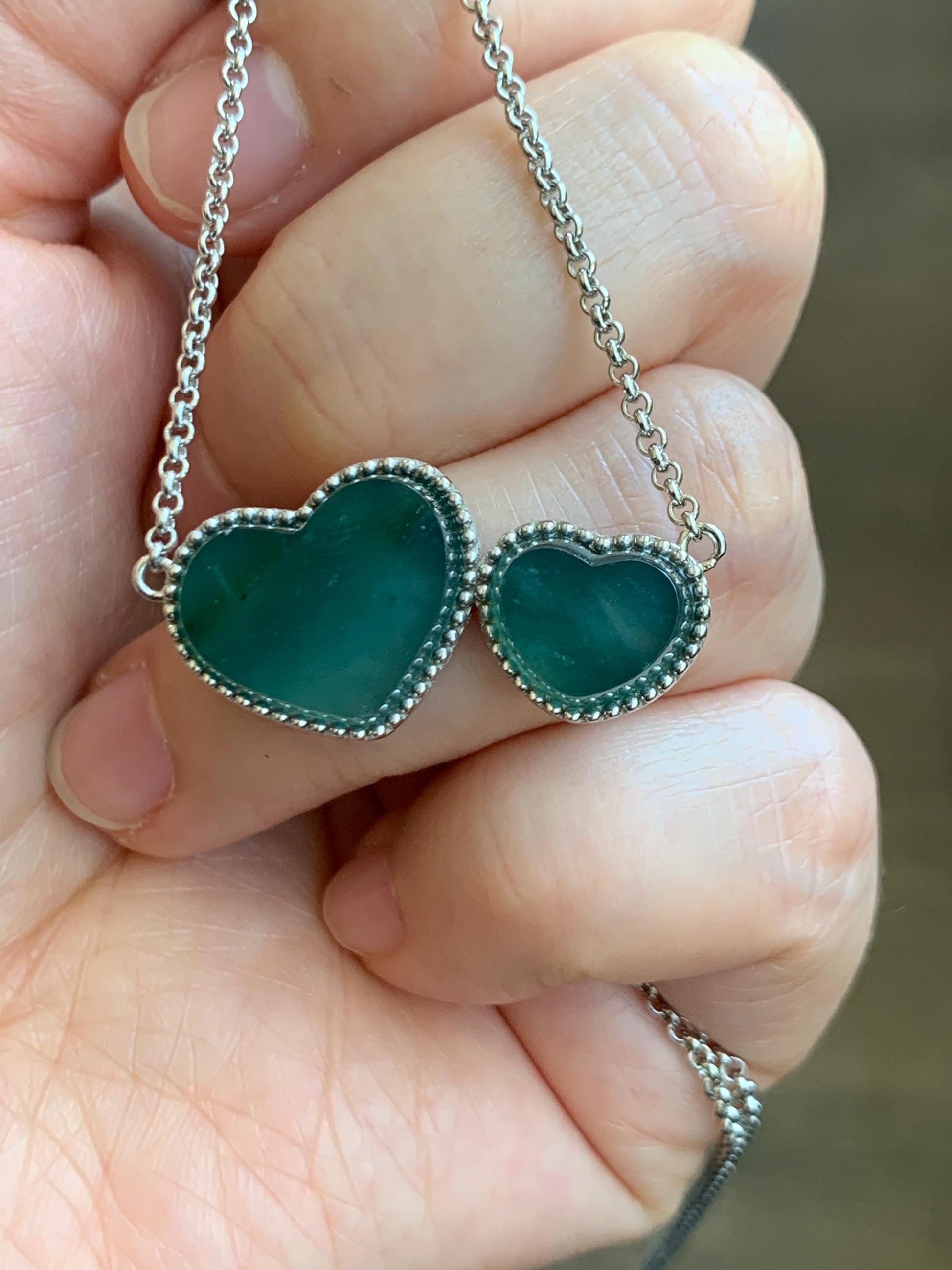 Certified Natural Guatemalan Icy Highly Translucent Dark Teal Blue Jadeite Heart Pendant Necklace Sterling Silver 19” 天然冰危蓝翡翠爱心锁骨链 9470