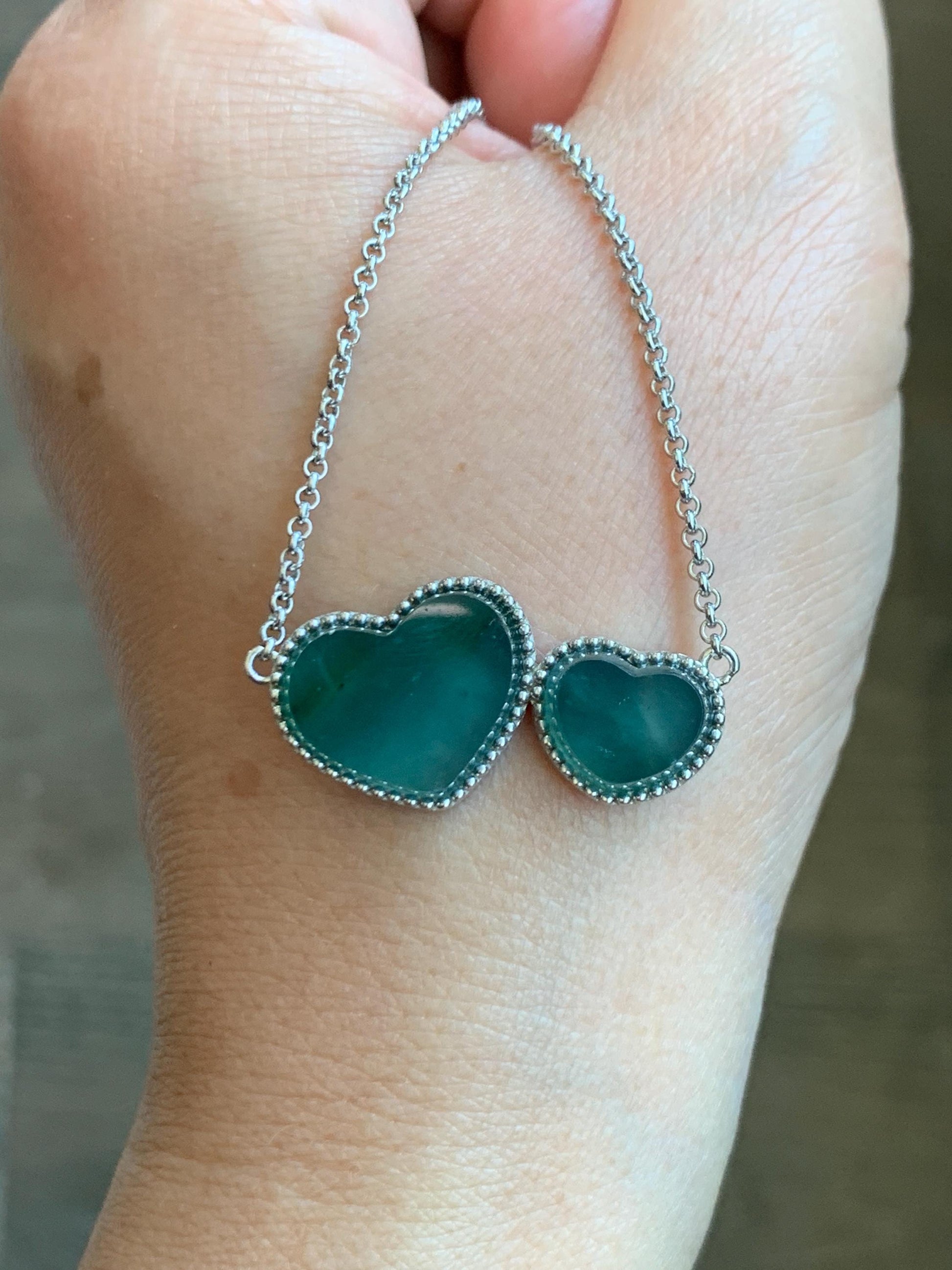 Certified Natural Guatemalan Icy Highly Translucent Dark Teal Blue Jadeite Heart Pendant Necklace Sterling Silver 19” 天然冰危蓝翡翠爱心锁骨链 9470