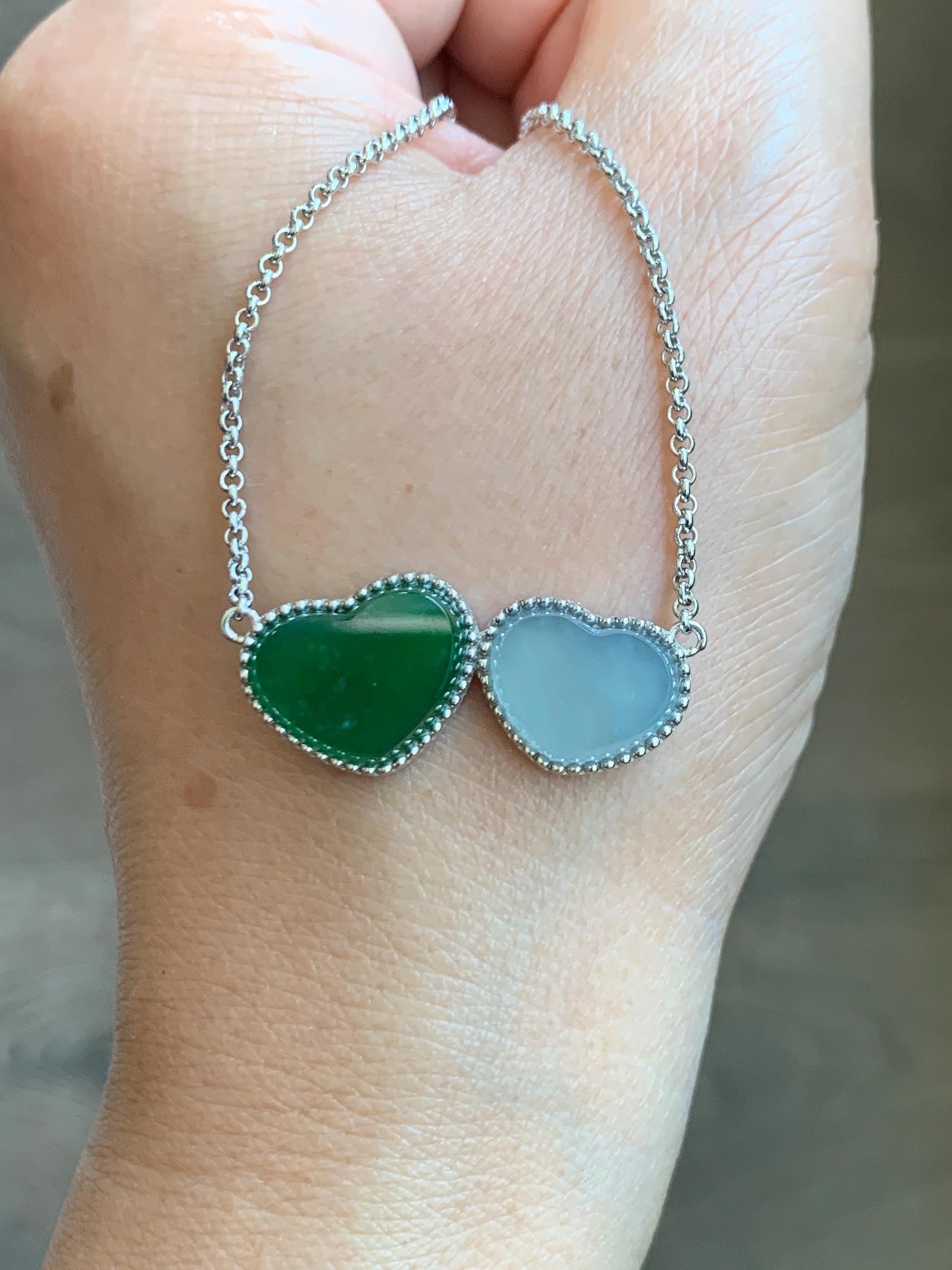 Certified Natural Guatemalan Icy Highly Translucent Teal Green Pastel Blue Jadeite Heart Pendant Necklace Sterling Silver 天然冰危翡翠爱心锁骨链 9472