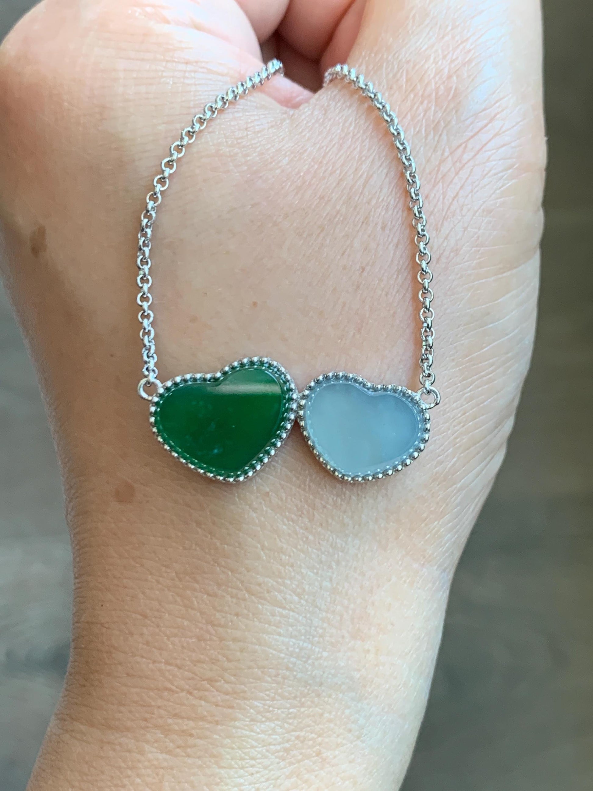 Certified Natural Guatemalan Icy Highly Translucent Teal Green Pastel Blue Jadeite Heart Pendant Necklace Sterling Silver 天然冰危翡翠爱心锁骨链 9472