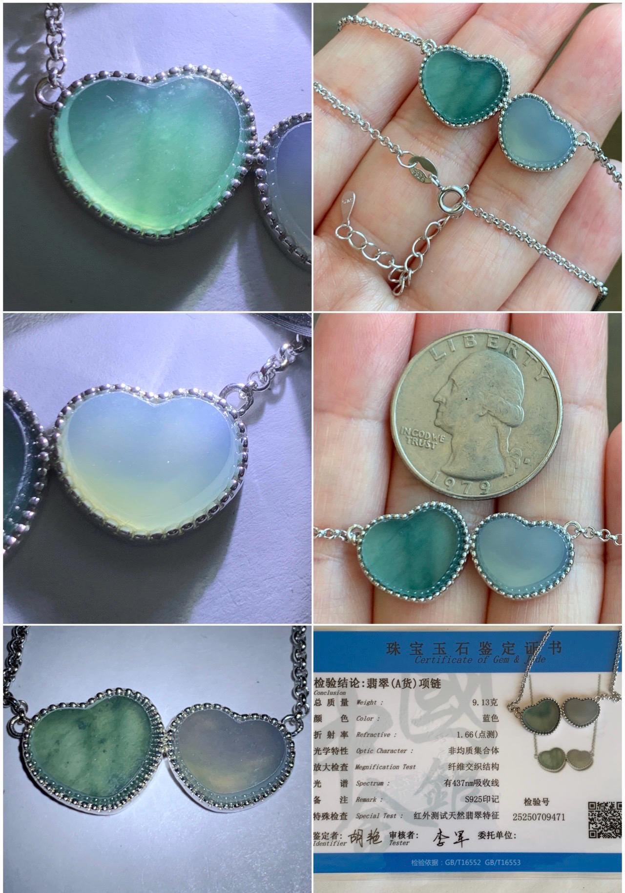 Certified Natural Guatemalan Icy Highly Translucent Teal Blue Pastel Blue Jadeite Heart Pendant Necklace Sterling Silver 天然冰危翡翠爱心锁骨链 9471