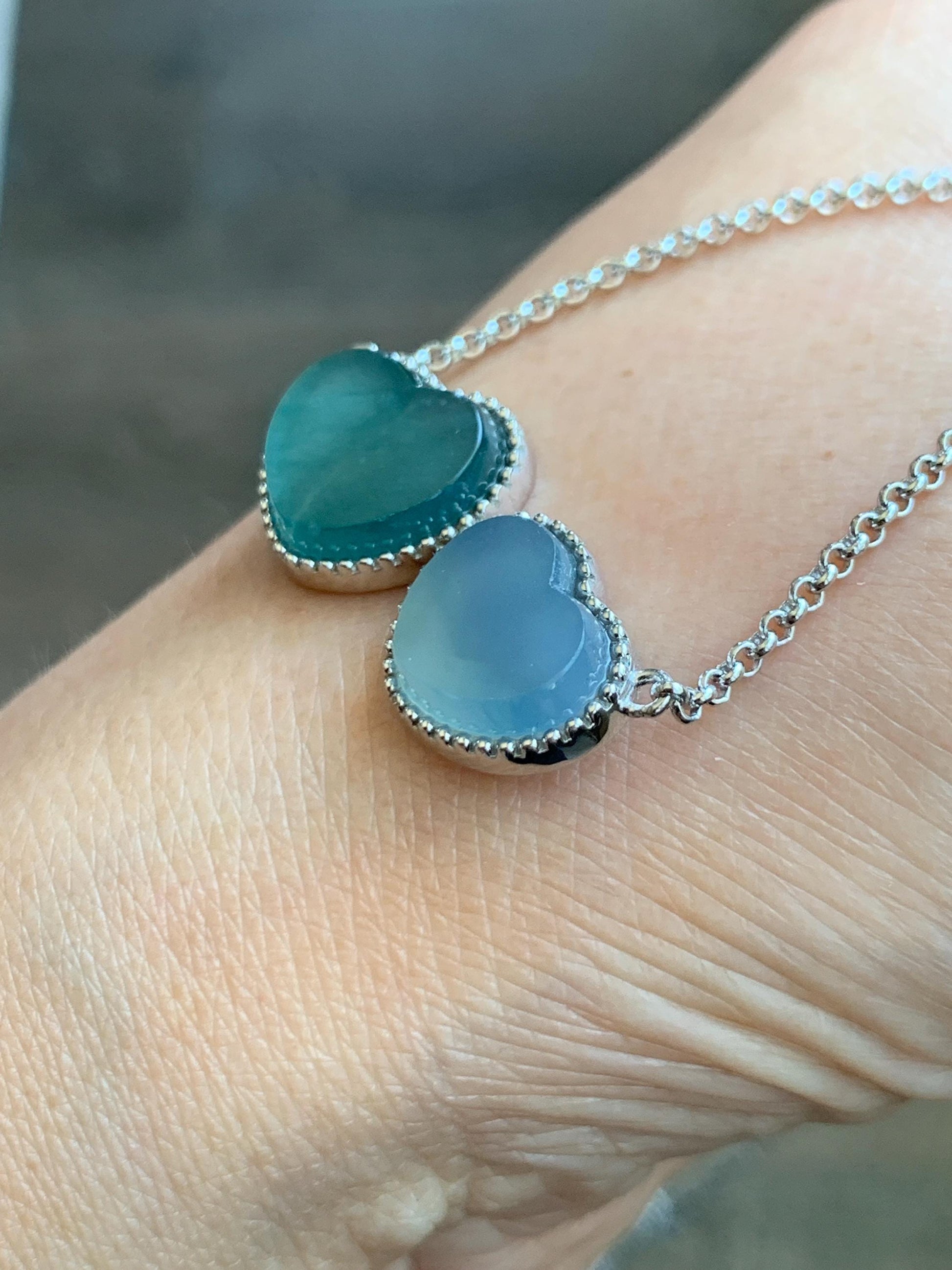 Certified Natural Guatemalan Icy Highly Translucent Teal Blue Pastel Blue Jadeite Heart Pendant Necklace Sterling Silver 天然冰危翡翠爱心锁骨链 9471