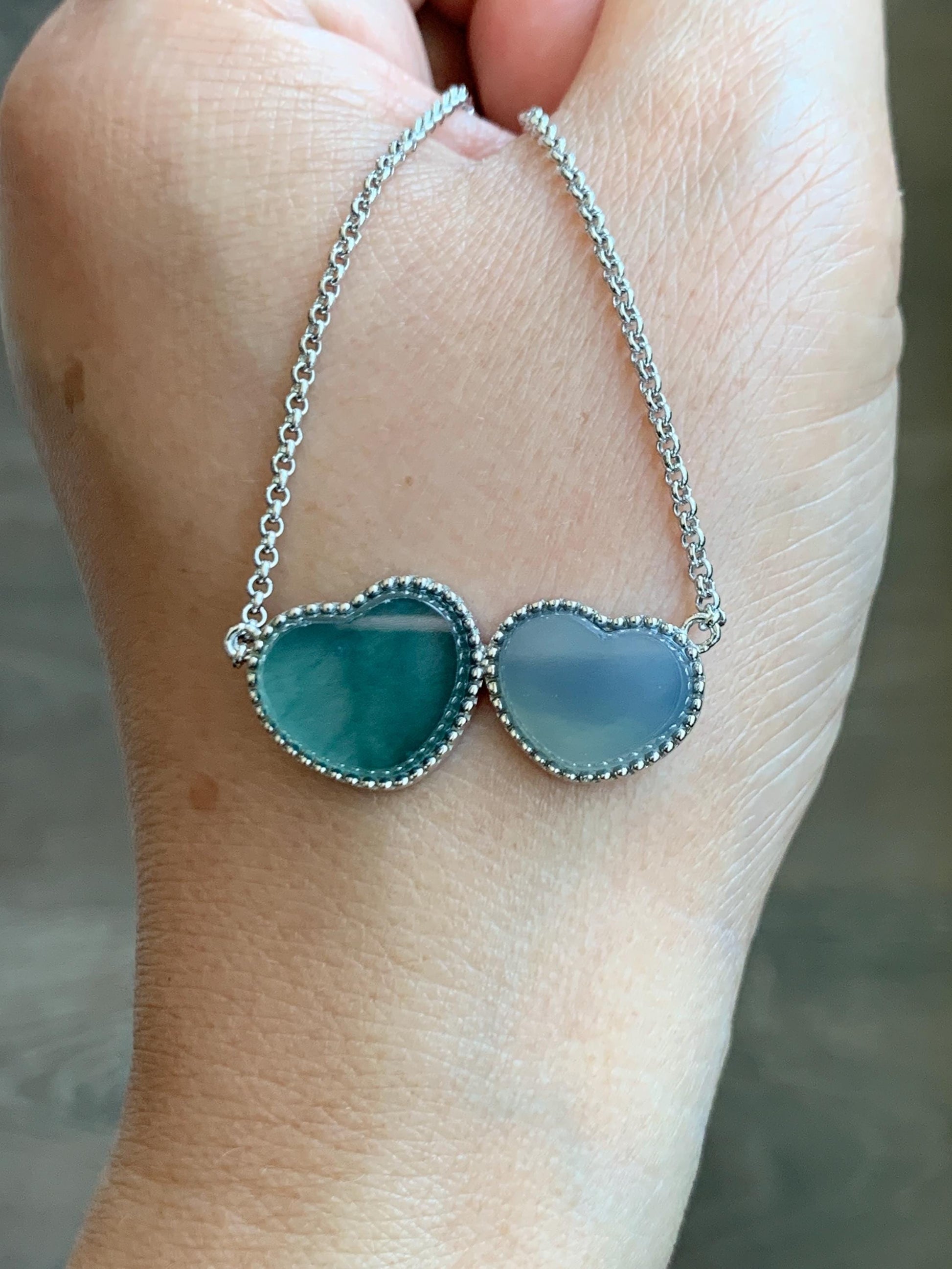 Certified Natural Guatemalan Icy Highly Translucent Teal Blue Pastel Blue Jadeite Heart Pendant Necklace Sterling Silver 天然冰危翡翠爱心锁骨链 9471