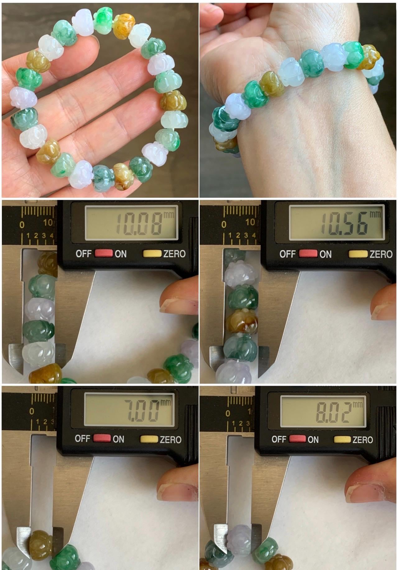 Premium Natural Grade A Icy Translucent Gelatinous Multicolored Jade Jadeite Lotus Flower Beads Beaded Bracelet 7” 36g 天然冰胶多宝翡翠莲花珠手串 MYL980