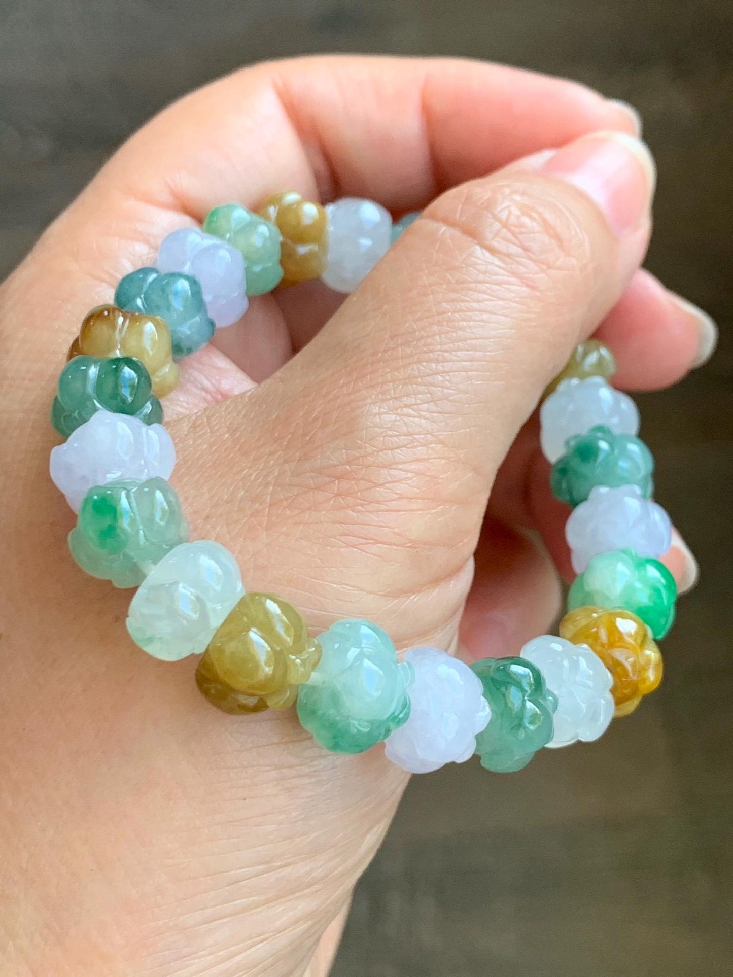 Premium Natural Grade A Icy Translucent Gelatinous Multicolored Jade Jadeite Lotus Flower Beads Beaded Bracelet 7” 36g 天然冰胶多宝翡翠莲花珠手串 MYL980