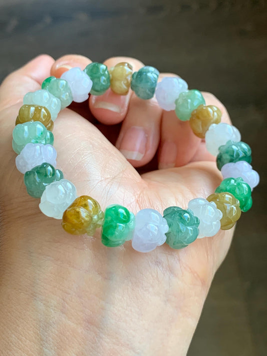 Premium Natural Grade A Icy Translucent Gelatinous Multicolored Jade Jadeite Lotus Flower Beads Beaded Bracelet 7” 36g 天然冰胶多宝翡翠莲花珠手串 MYL980