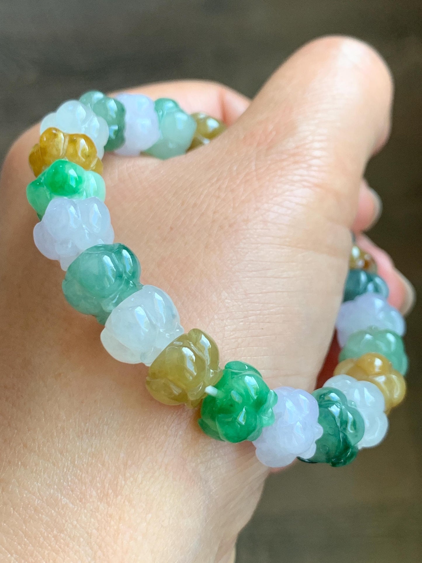 Premium Natural Grade A Icy Translucent Gelatinous Multicolored Jade Jadeite Lotus Flower Beads Beaded Bracelet 7” 36g 天然冰胶多宝翡翠莲花珠手串 MYL980