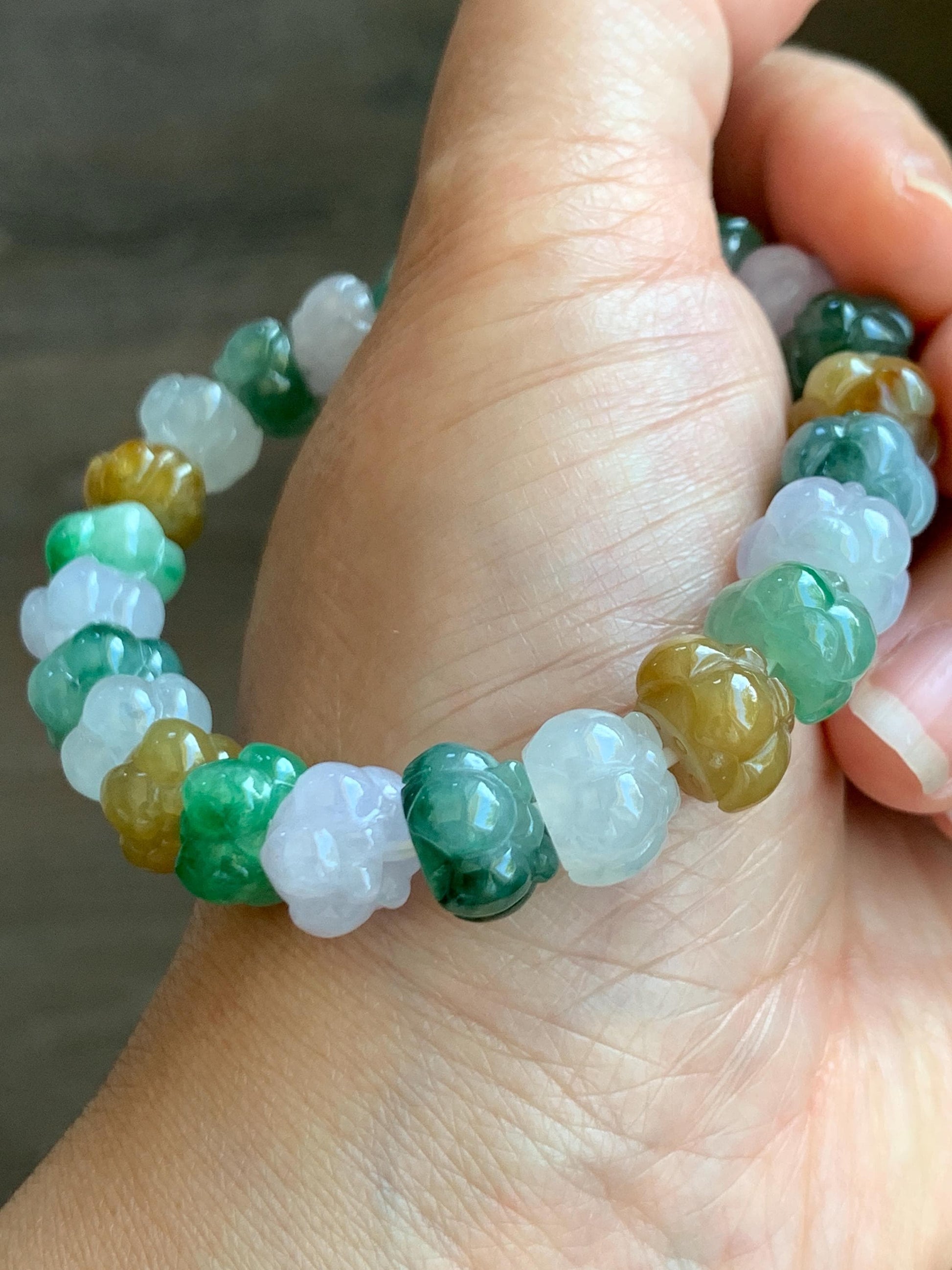 Premium Natural Grade A Icy Translucent Gelatinous Multicolored Jade Jadeite Lotus Flower Beads Beaded Bracelet 7” 36g 天然冰胶多宝翡翠莲花珠手串 MYL980