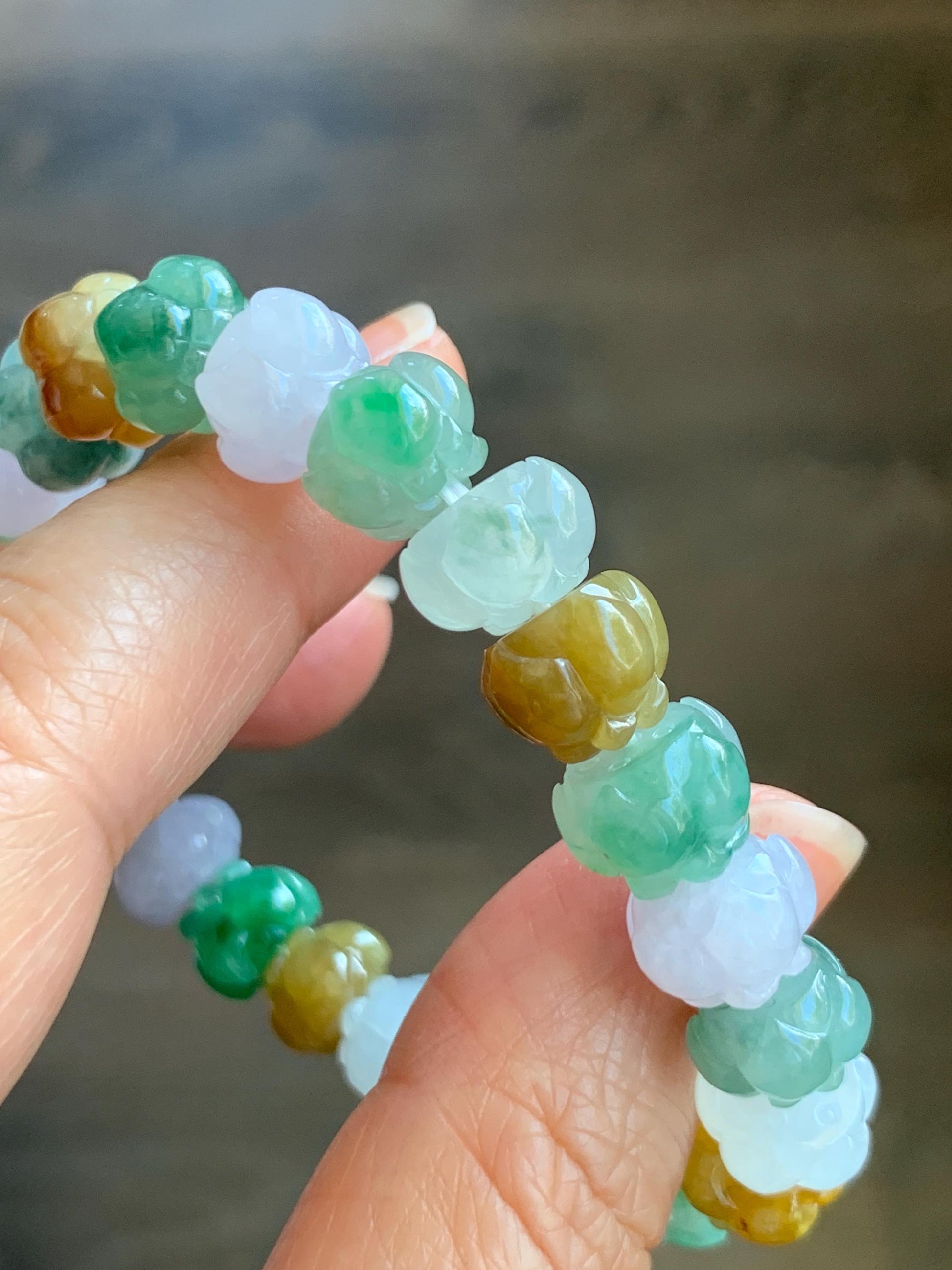Premium Natural Grade A Icy Translucent Gelatinous Multicolored Jade Jadeite Lotus Flower Beads Beaded Bracelet 7” 36g 天然冰胶多宝翡翠莲花珠手串 MYL980