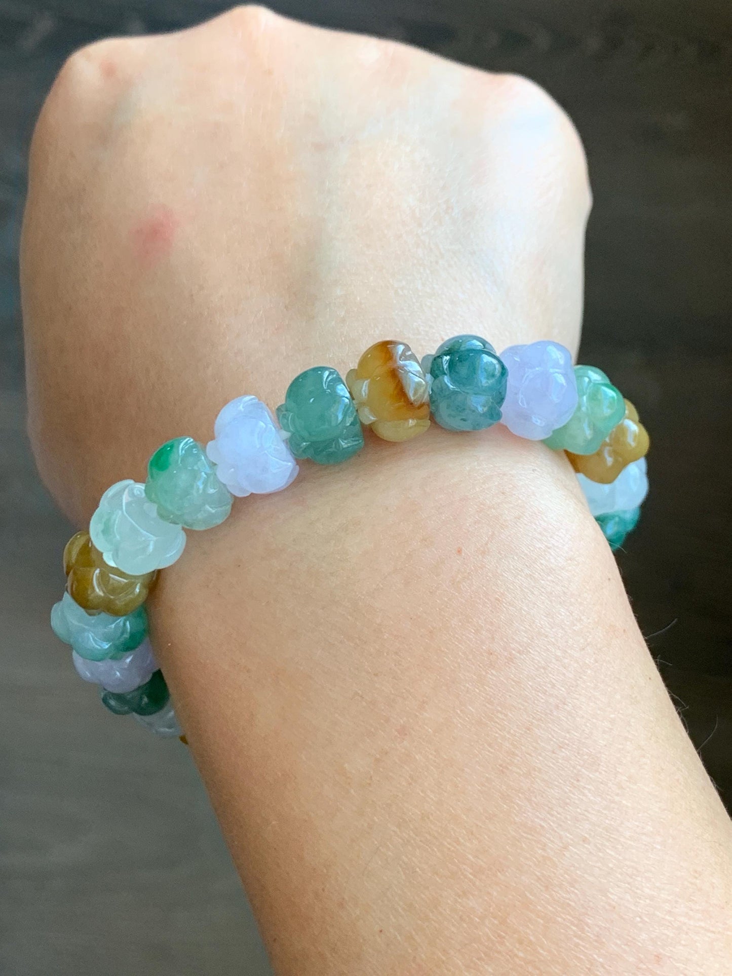 Premium Natural Grade A Icy Translucent Gelatinous Multicolored Jade Jadeite Lotus Flower Beads Beaded Bracelet 7” 36g 天然冰胶多宝翡翠莲花珠手串 MYL980