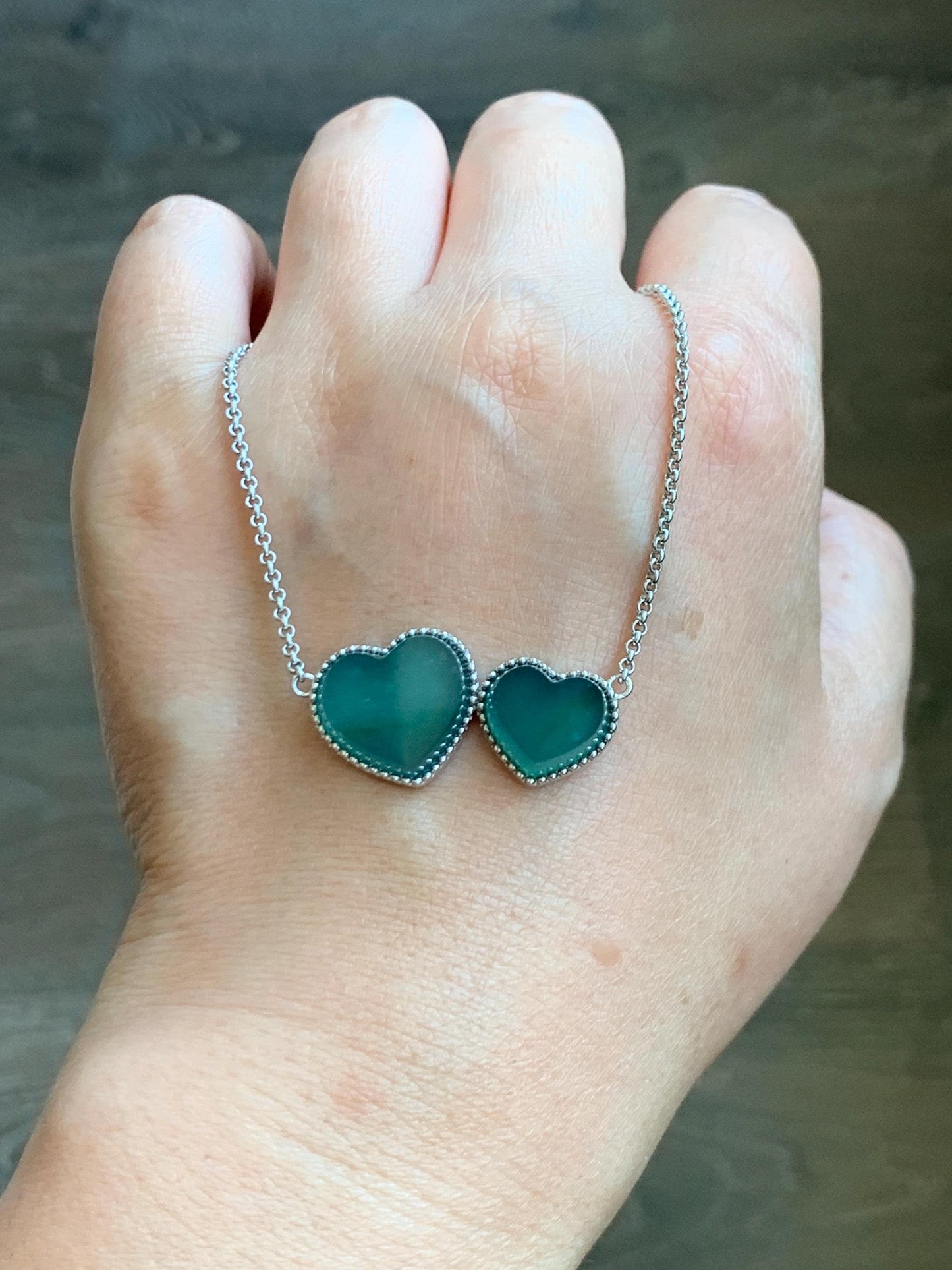 Certified Natural Guatemalan Icy Highly Translucent Dark Teal Blue Jadeite Heart Pendant Necklace Sterling Silver 19” 天然冰危蓝翡翠爱心锁骨链 9469