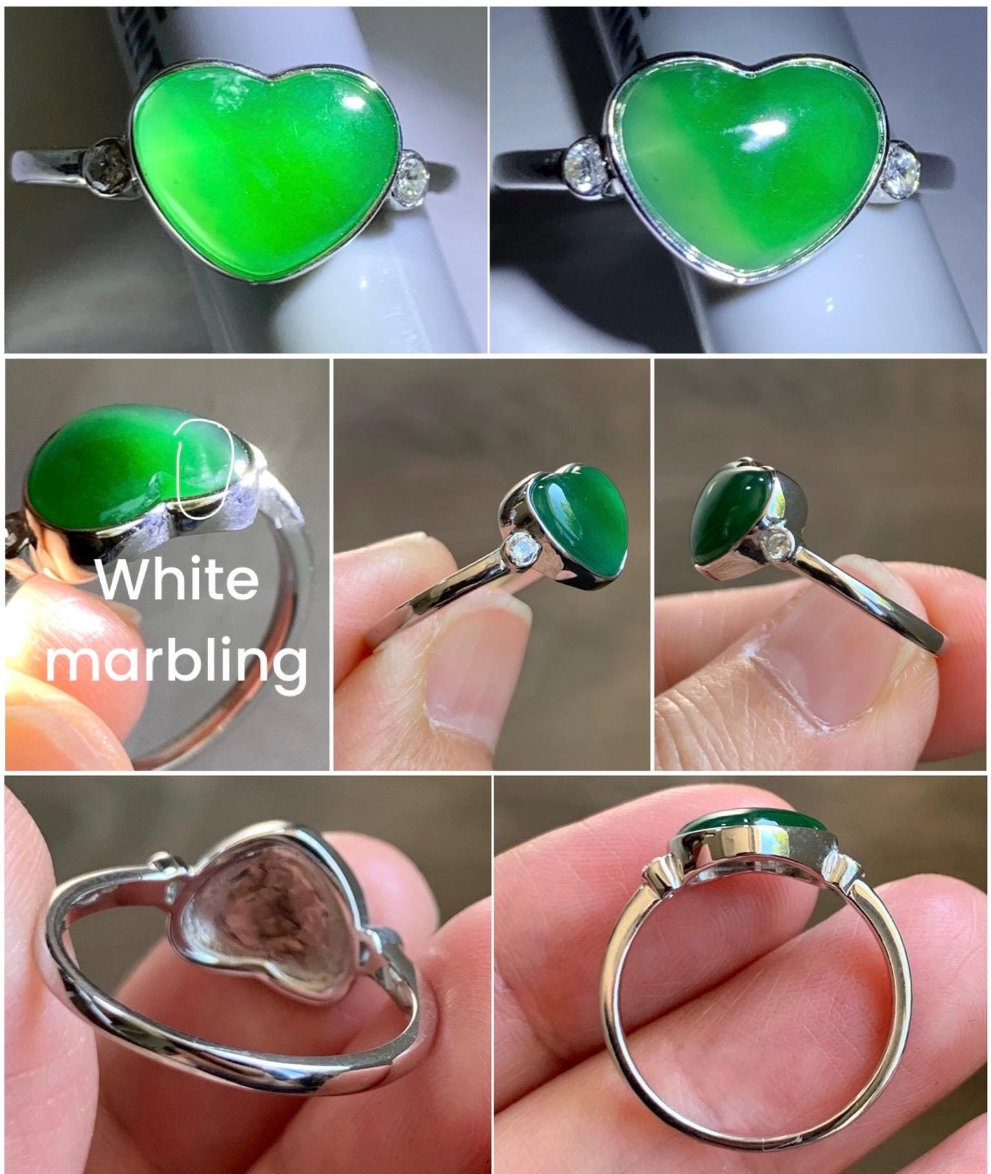 Certified Natural Guatemalan Icy Highly Translucent Rich Green Jadeite Heart Ring Sterling Silver size 7.25 US 2.66g 天然冰危绿翡翠爱心镶嵌戒指 9445