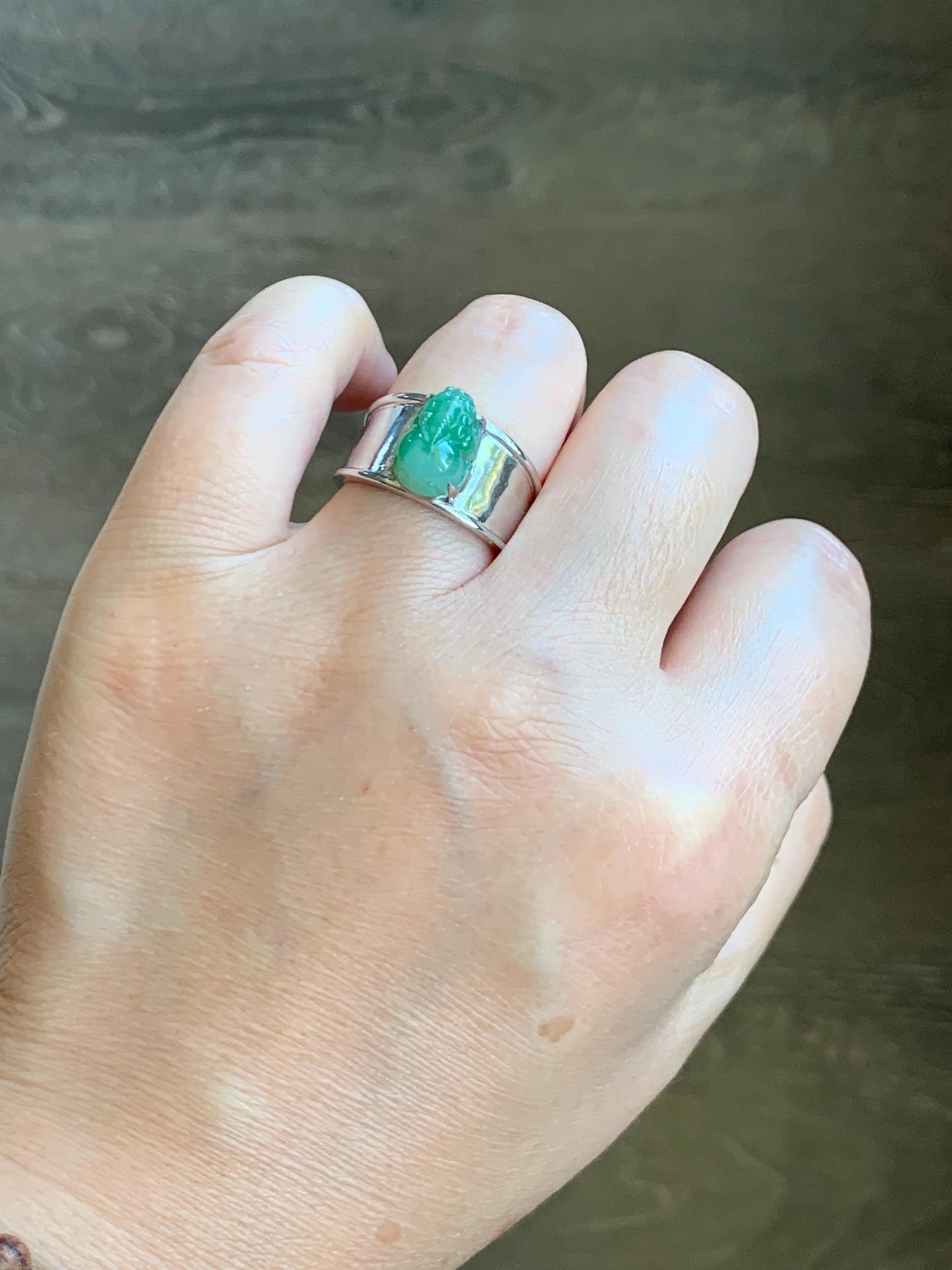 Certified Natural Grade A Icy Translucent Green Marbled Jadeite Pixiu Wide Band Ring Sterling Silver size 7.5 US 7.7g 天然冰胶飘绿花翡翠貔貅银镶宽版戒指 9448