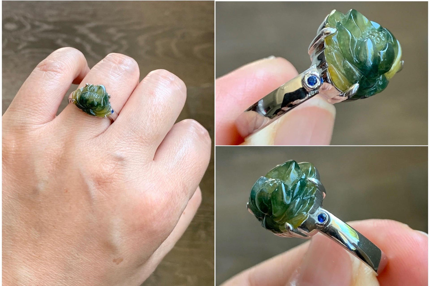 Certified Natural Grade A Icy Translucent Yellow Dark Blue Marbled Jadeite Lotus Flower Ring Sterling Silver Size 7.25 天然冰黄飘蓝花翡翠莲花镶嵌戒指 9441