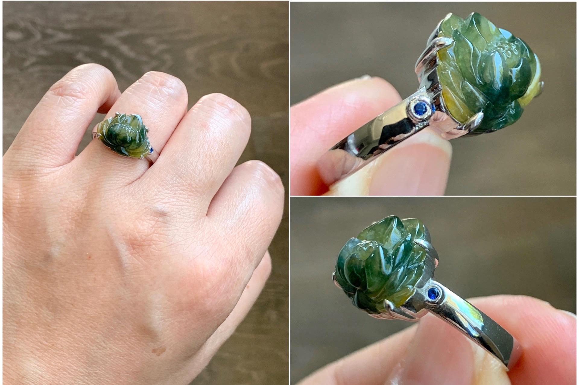 Certified Natural Grade A Icy Translucent Yellow Dark Blue Marbled Jadeite Lotus Flower Ring Sterling Silver Size 7.25 天然冰黄飘蓝花翡翠莲花镶嵌戒指 9441
