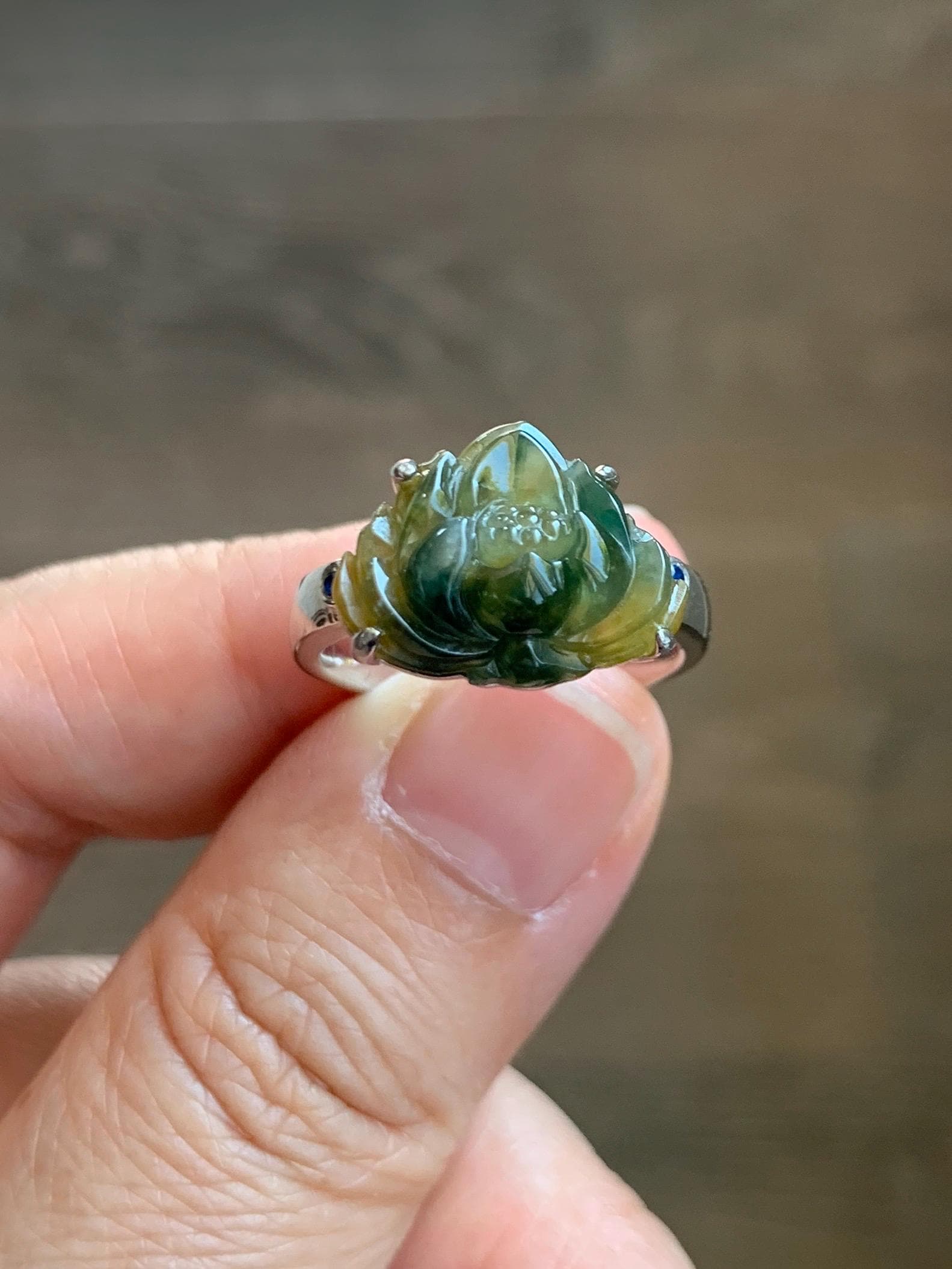 Certified Natural Grade A Icy Translucent Yellow Dark Blue Marbled Jadeite Lotus Flower Ring Sterling Silver Size 7.25 天然冰黄飘蓝花翡翠莲花镶嵌戒指 9441