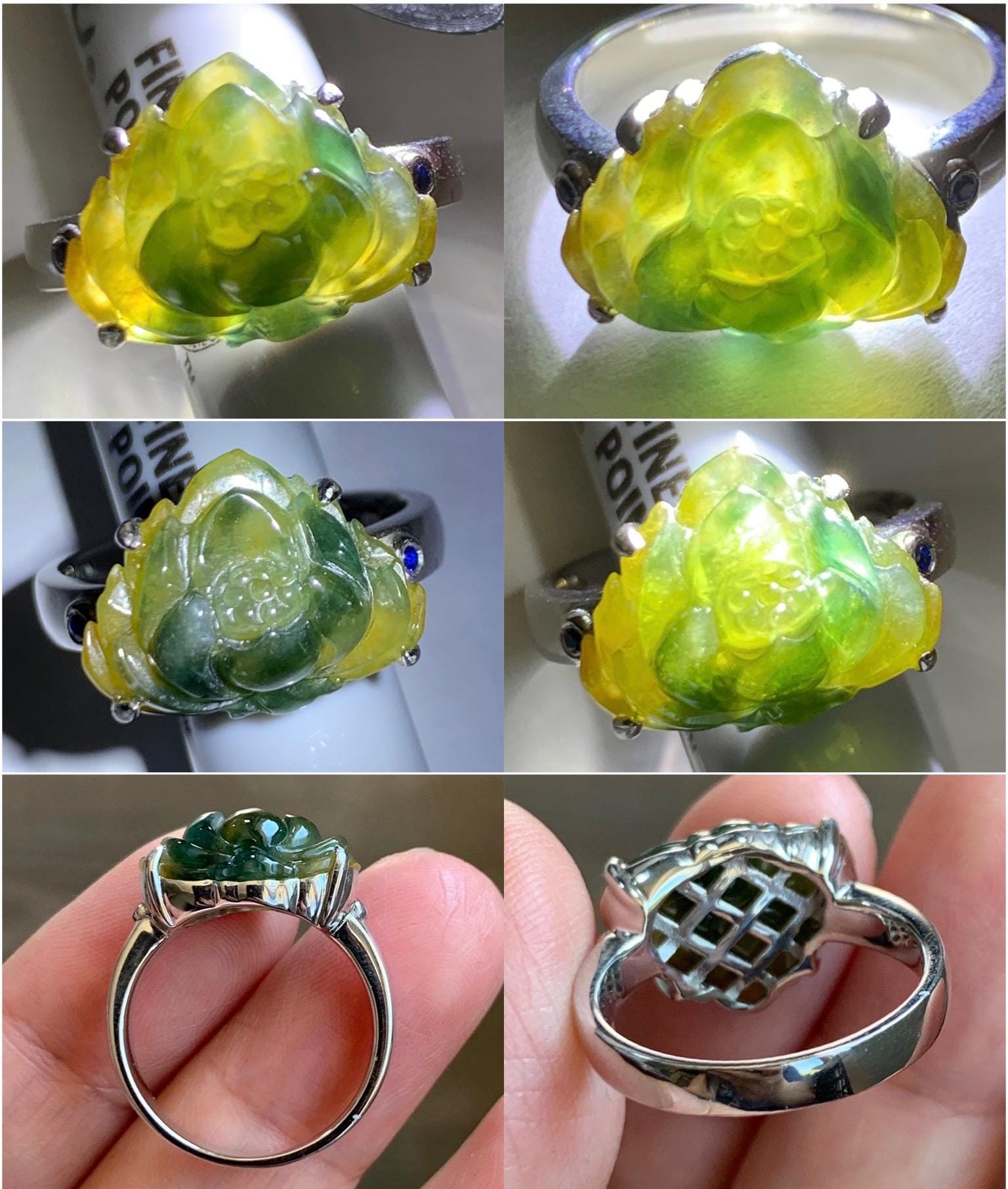 Certified Natural Grade A Icy Translucent Yellow Dark Blue Marbled Jadeite Lotus Flower Ring Sterling Silver Size 7.25 天然冰黄飘蓝花翡翠莲花镶嵌戒指 9441