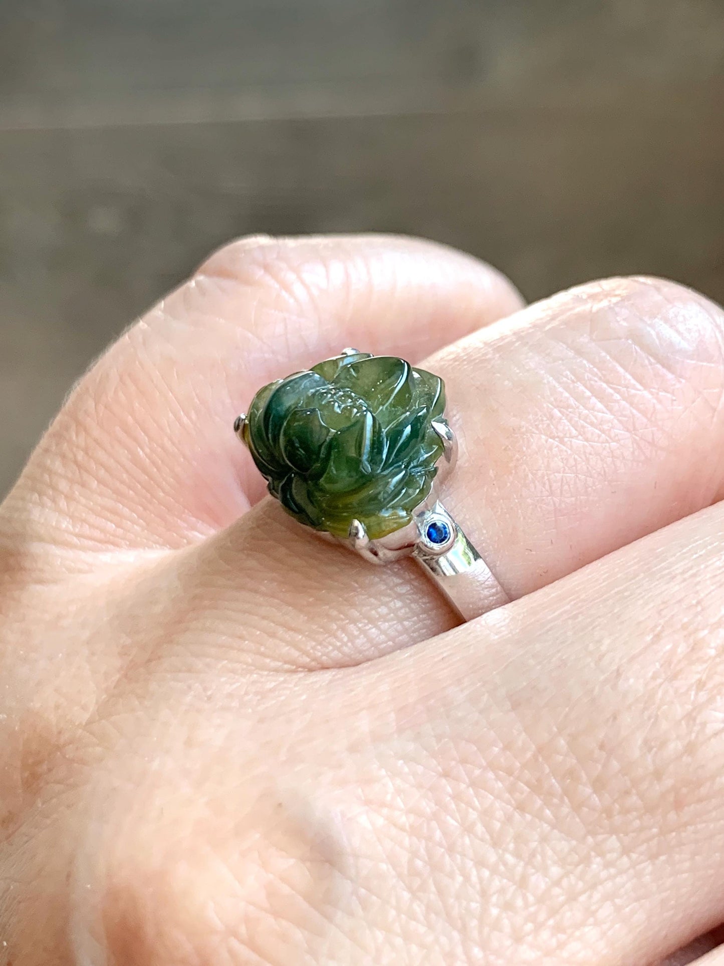 Certified Natural Grade A Icy Translucent Yellow Dark Blue Marbled Jadeite Lotus Flower Ring Sterling Silver Size 7.25 天然冰黄飘蓝花翡翠莲花镶嵌戒指 9441