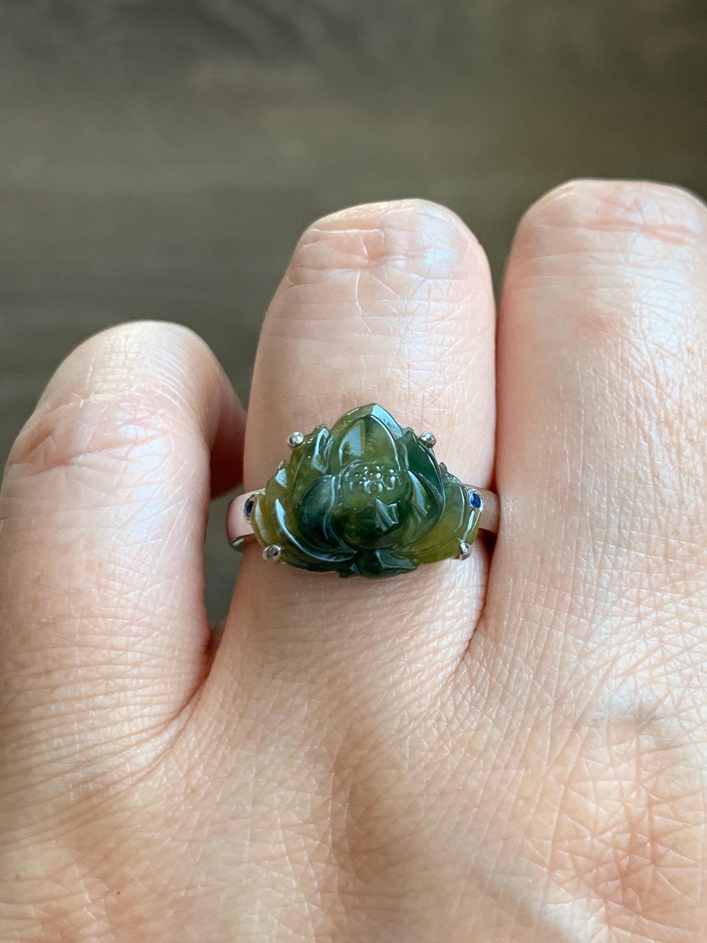 Certified Natural Grade A Icy Translucent Yellow Dark Blue Marbled Jadeite Lotus Flower Ring Sterling Silver Size 7.25 天然冰黄飘蓝花翡翠莲花镶嵌戒指 9441