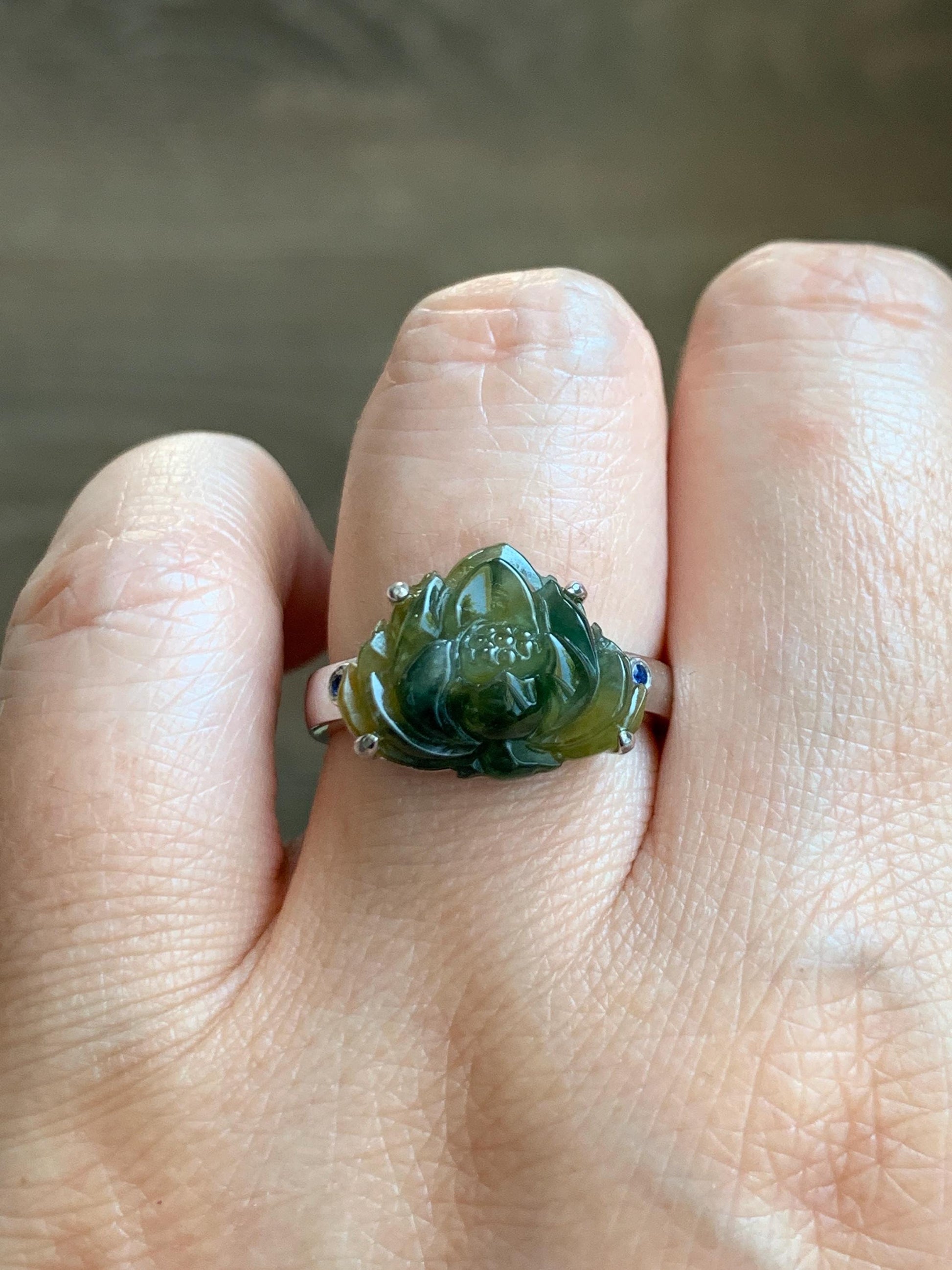 Certified Natural Grade A Icy Translucent Yellow Dark Blue Marbled Jadeite Lotus Flower Ring Sterling Silver Size 7.25 天然冰黄飘蓝花翡翠莲花镶嵌戒指 9441