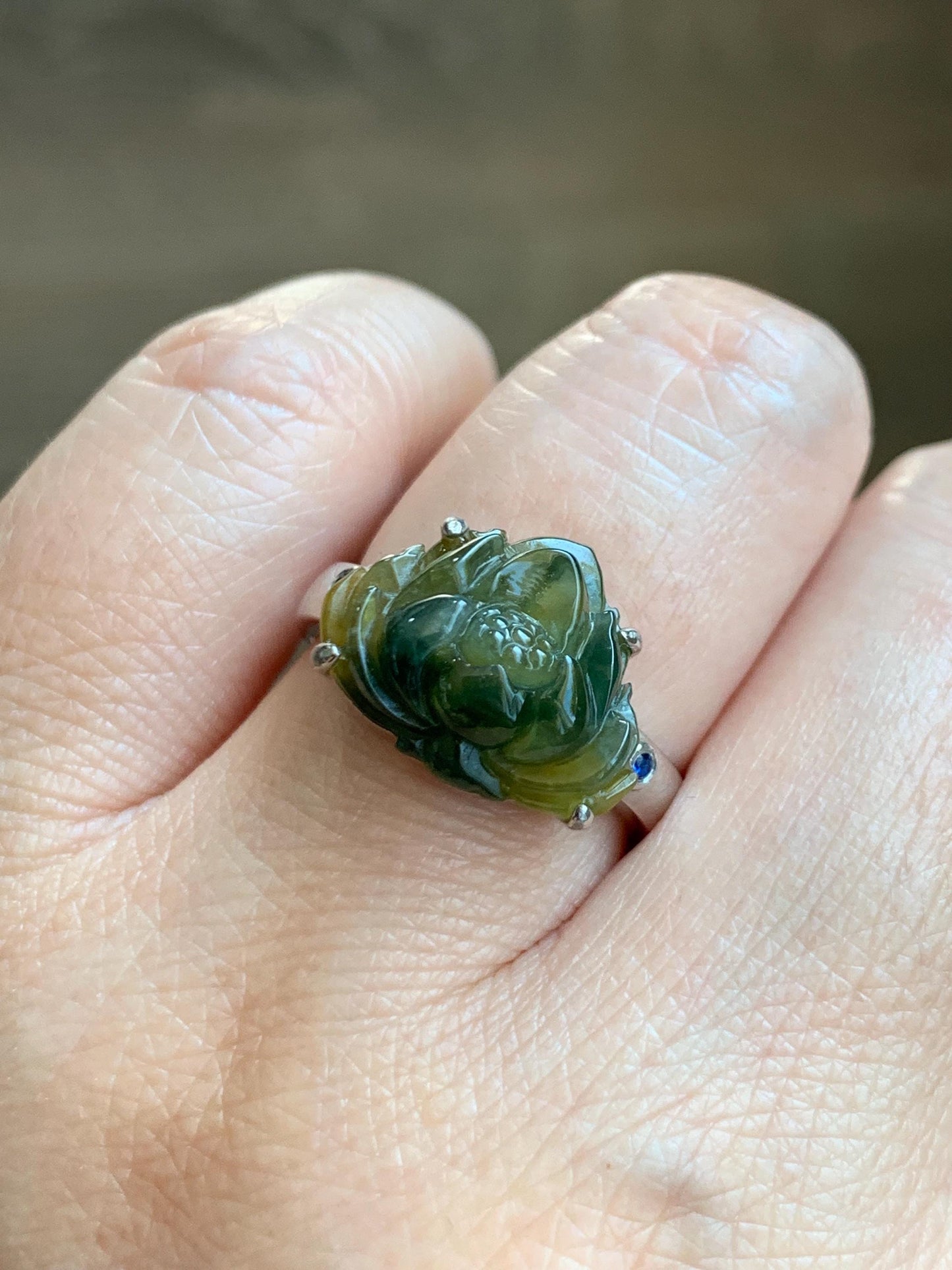 Certified Natural Grade A Icy Translucent Yellow Dark Blue Marbled Jadeite Lotus Flower Ring Sterling Silver Size 7.25 天然冰黄飘蓝花翡翠莲花镶嵌戒指 9441