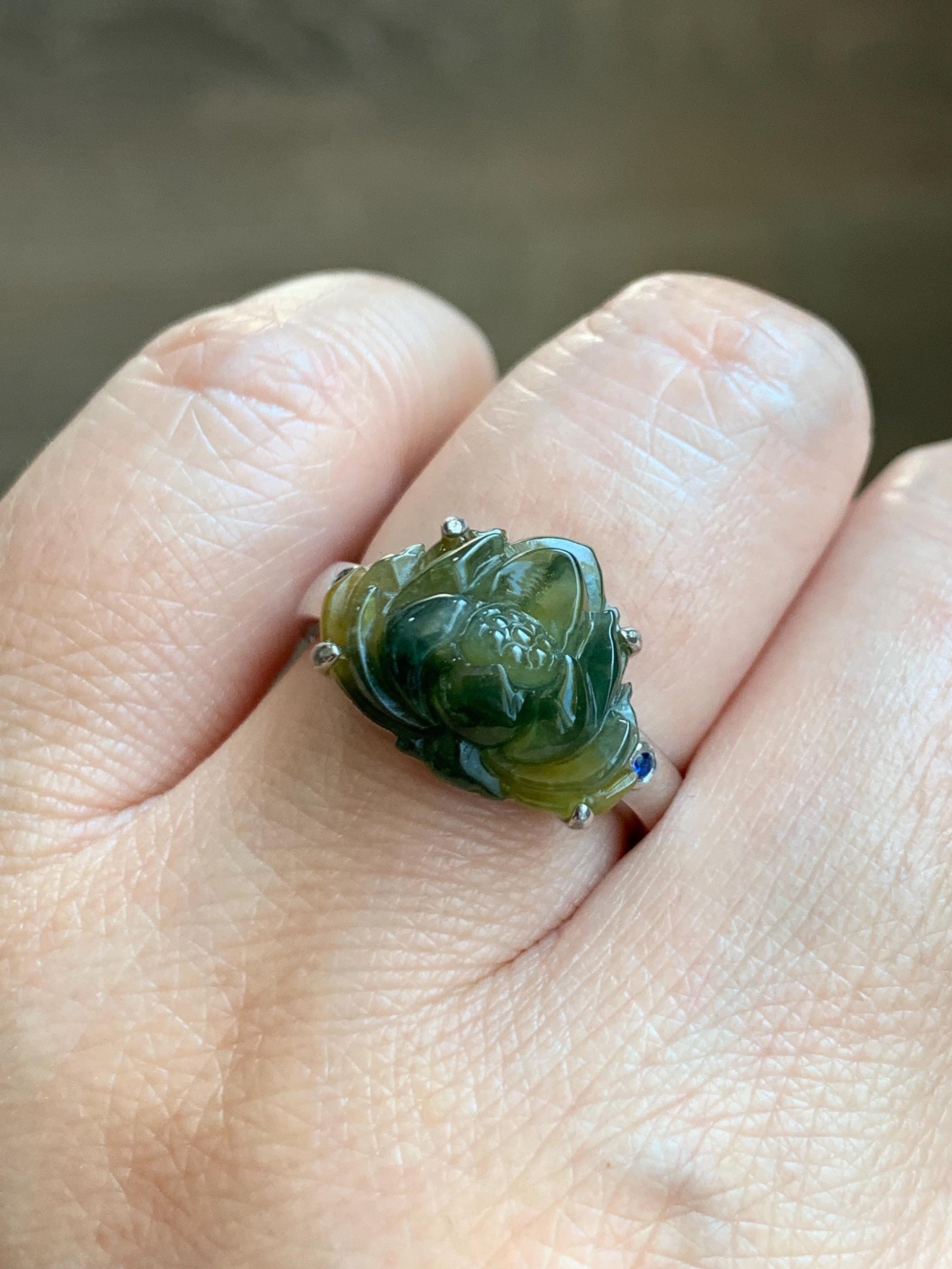 Certified Natural Grade A Icy Translucent Yellow Dark Blue Marbled Jadeite Lotus Flower Ring Sterling Silver Size 7.25 天然冰黄飘蓝花翡翠莲花镶嵌戒指 9441