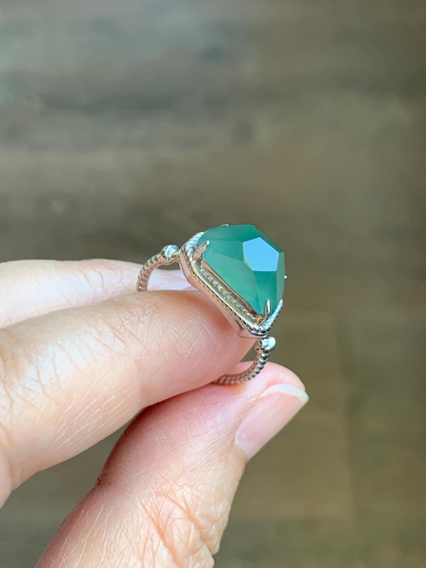 Certified Natural Guatemalan Icy Translucent Dark Teal Green Faceted Jadeite Cabochon Ring Sterling Silver Size 7.25 US 天然冰危蓝绿切割面翡翠银镶戒指 9442