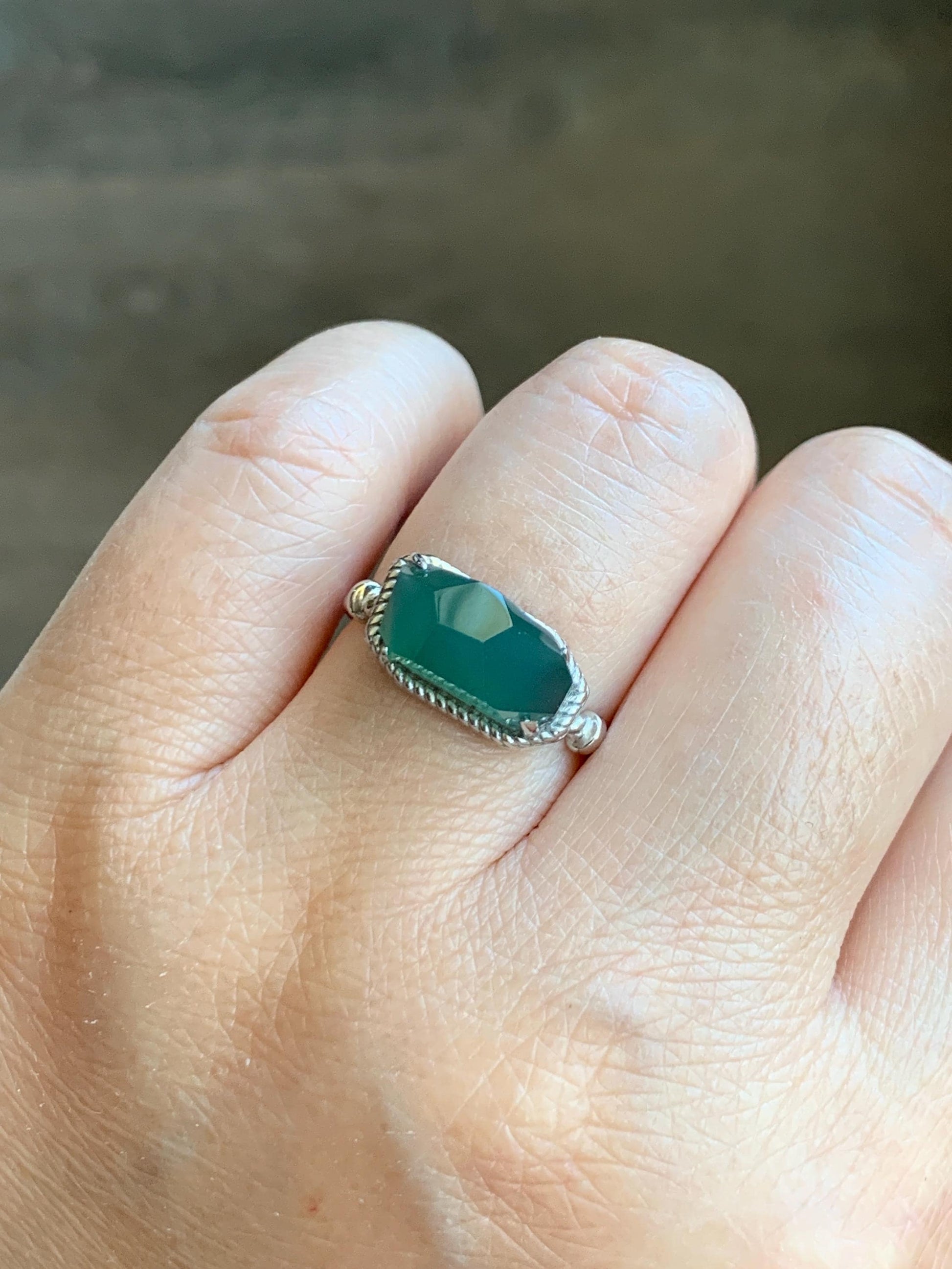 Certified Natural Guatemalan Icy Translucent Dark Teal Green Faceted Jadeite Cabochon Ring Sterling Silver Size 7.25 US 天然冰危蓝绿切割面翡翠银镶戒指 9442