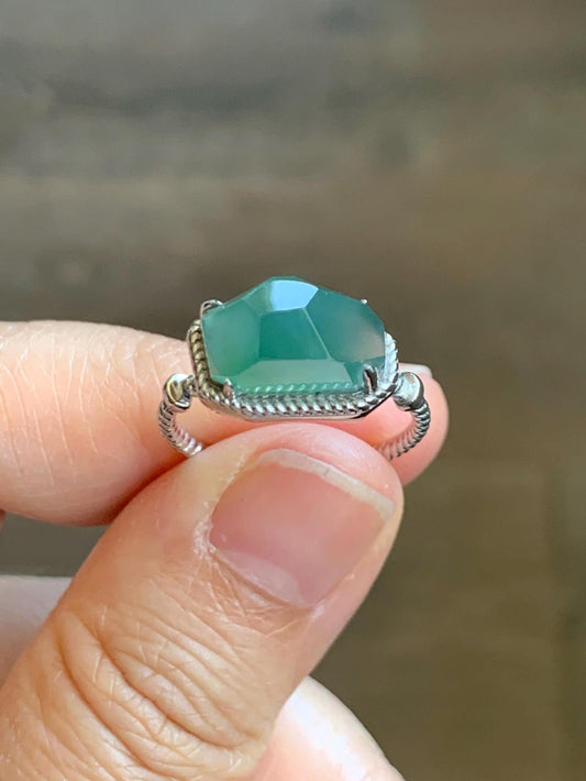Certified Natural Guatemalan Icy Translucent Dark Teal Green Faceted Jadeite Cabochon Ring Sterling Silver Size 7.25 US 天然冰危蓝绿切割面翡翠银镶戒指 9442