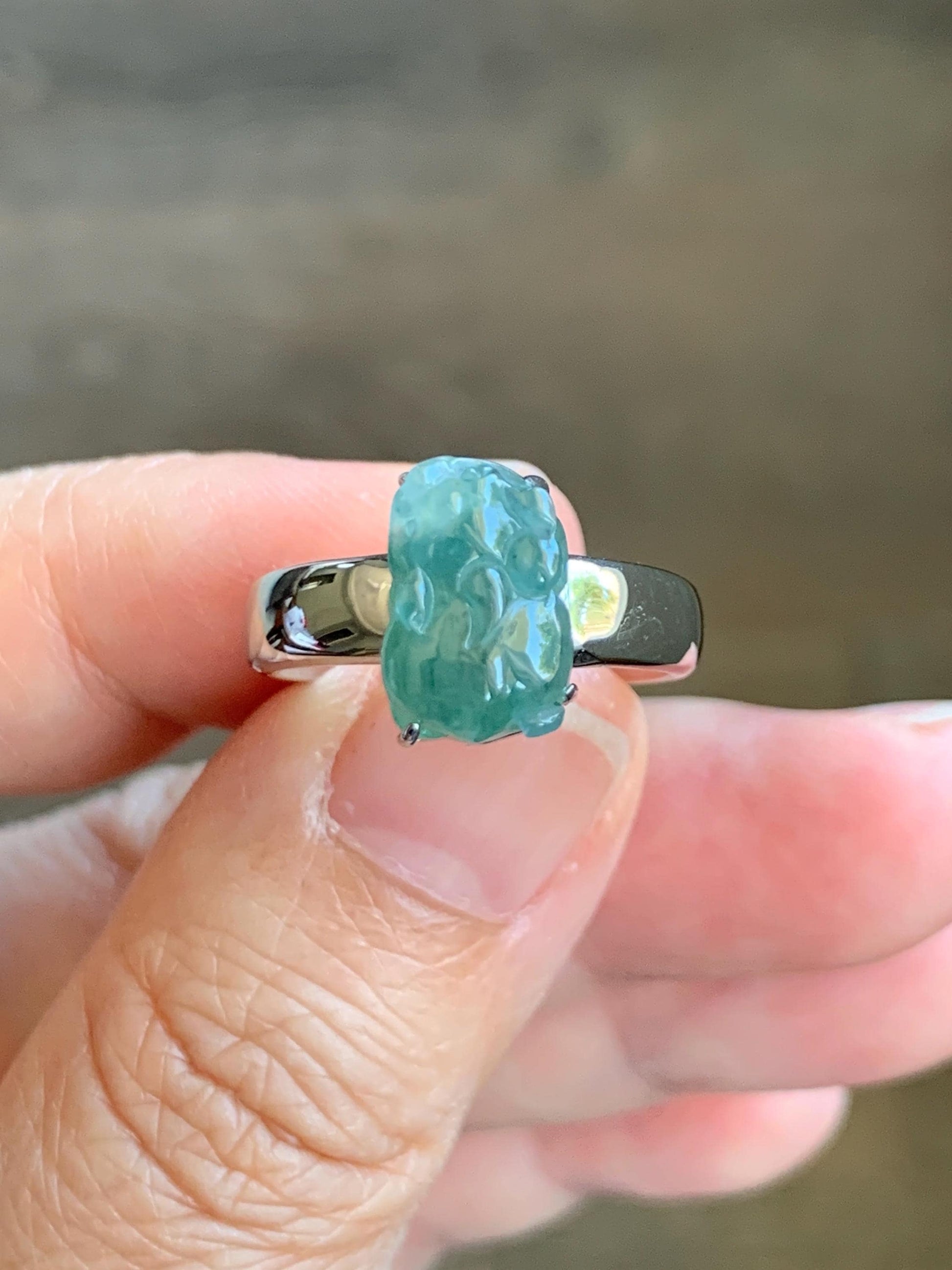 Certified Natural Grade A Guatemalan Icy Translucent Dusty Teal Green Jadeite Pixiu Ring Sterling Silver size 7 US 4.5g 天然冰胶危蓝绿翡翠貔貅银镶戒指 9447