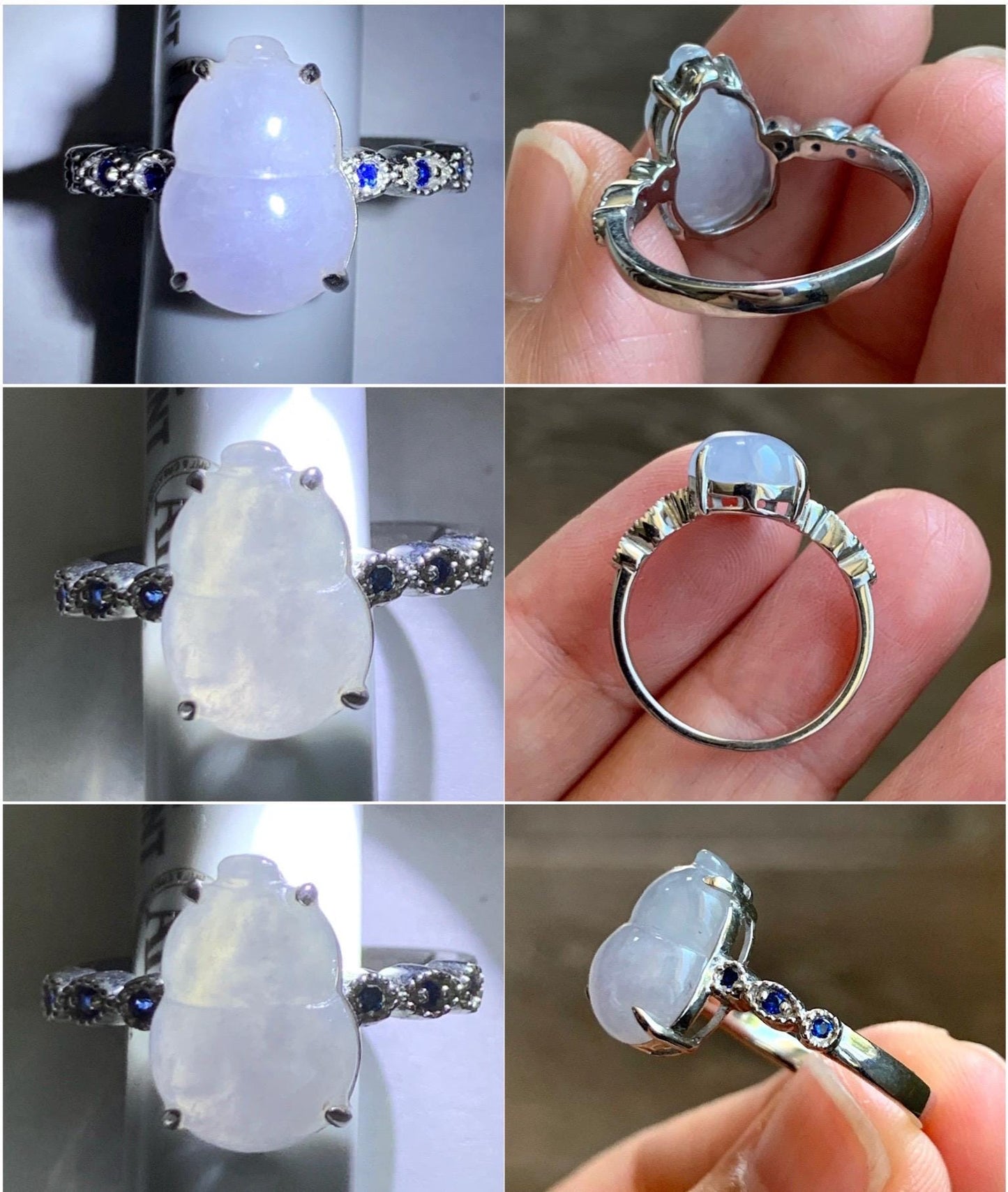 Certified Natural Grade A Icy Translucent Gelatinous Pastel Lavender Jadeite Gourd Hulu Ring Sterling Silver size 7 US 天然冰胶淡紫翡翠葫芦镶嵌戒指 9444