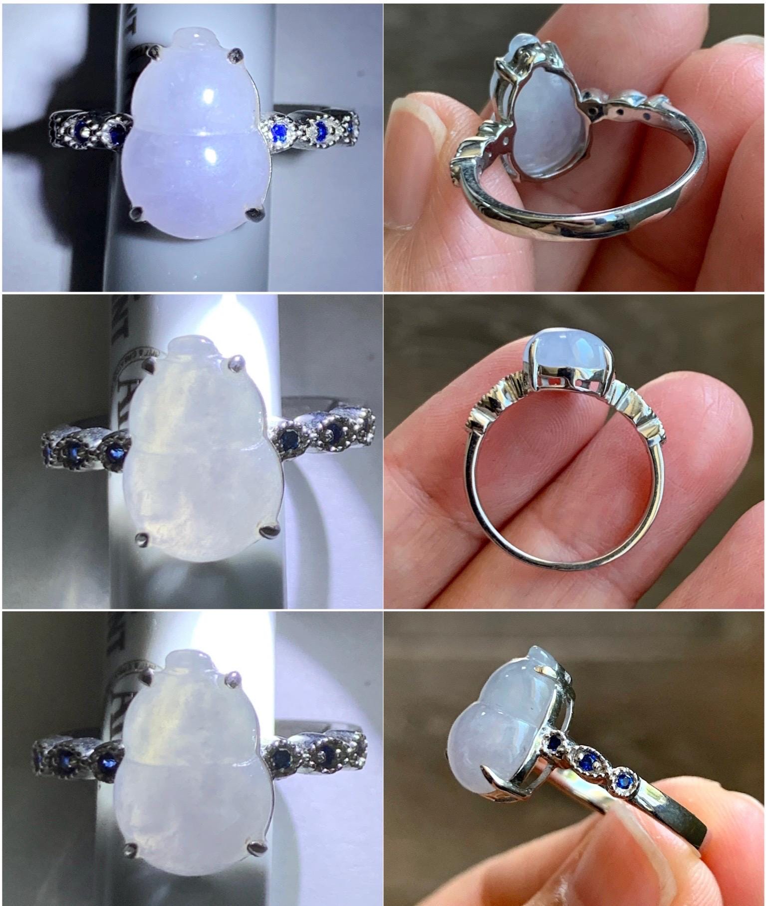 Certified Natural Grade A Icy Translucent Gelatinous Pastel Lavender Jadeite Gourd Hulu Ring Sterling Silver size 7 US 天然冰胶淡紫翡翠葫芦镶嵌戒指 9444