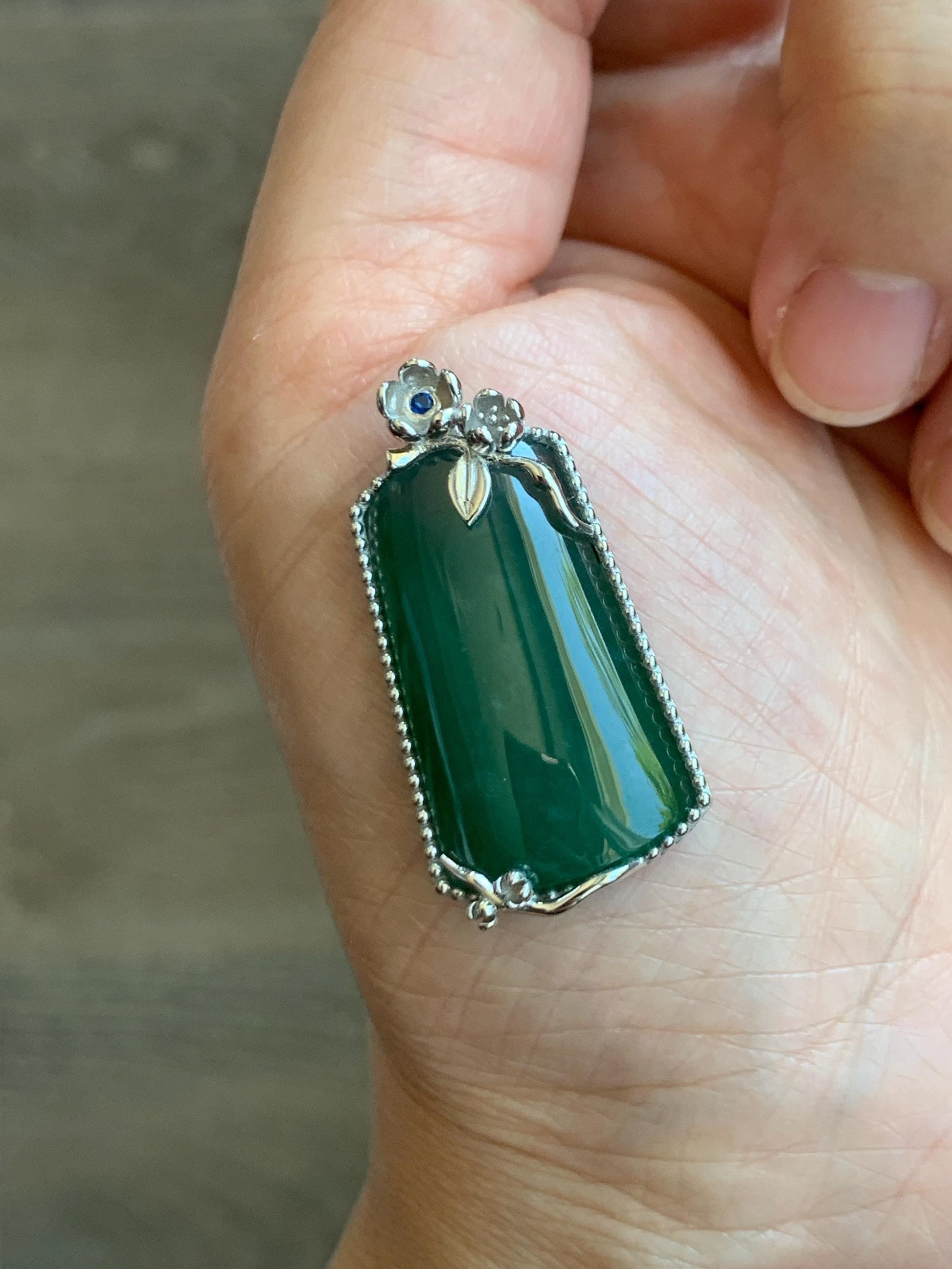 Certified Natural Grade A Guatemalan Icy Translucent Deep Teal Green Jade Jadeite Wu Shi Pai Pendant Sterling Silver 天然冰危深绿翡翠银镶无事牌吊坠 9459