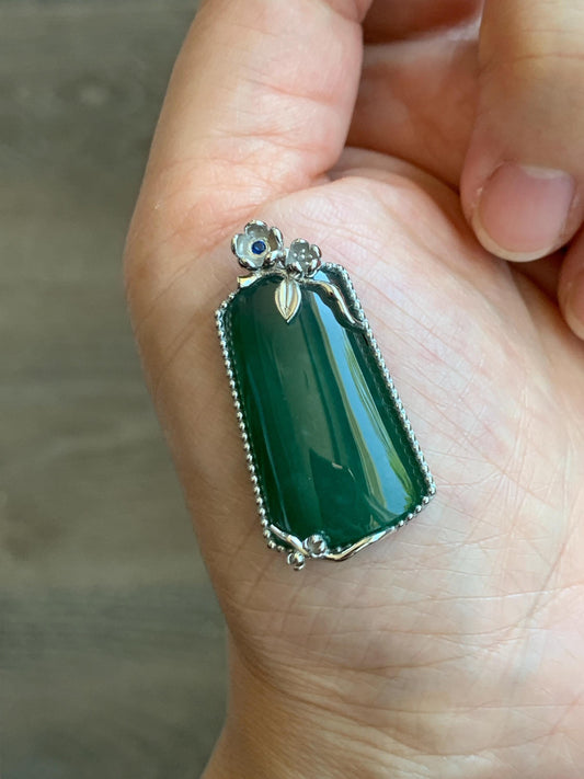 Certified Natural Grade A Guatemalan Icy Translucent Deep Teal Green Jade Jadeite Wu Shi Pai Pendant Sterling Silver 天然冰危深绿翡翠银镶无事牌吊坠 9459