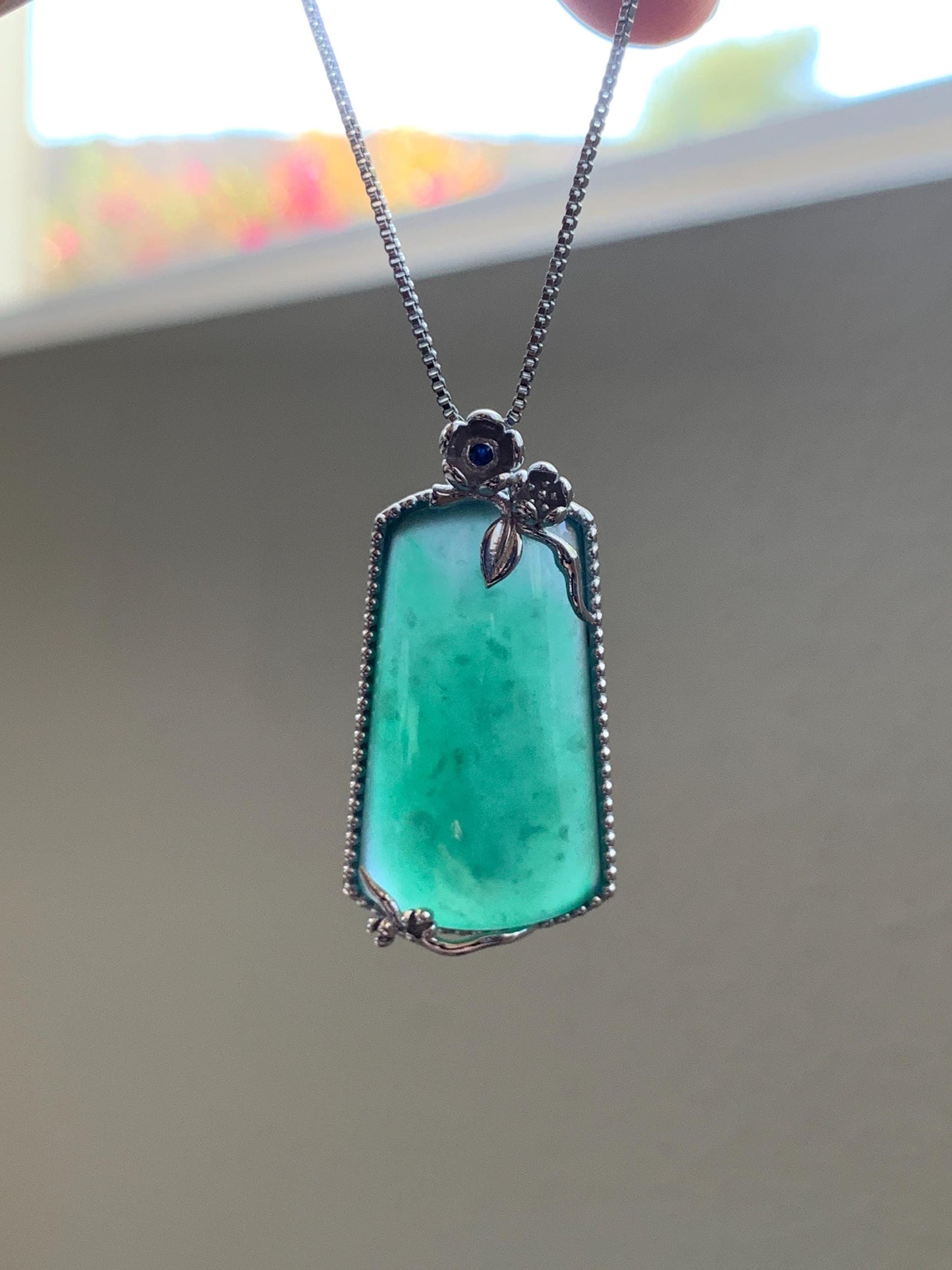 Certified Natural Grade A Guatemalan Icy Translucent Deep Teal Green Jade Jadeite Wu Shi Pai Pendant Sterling Silver 天然冰危深绿翡翠银镶无事牌吊坠 9459