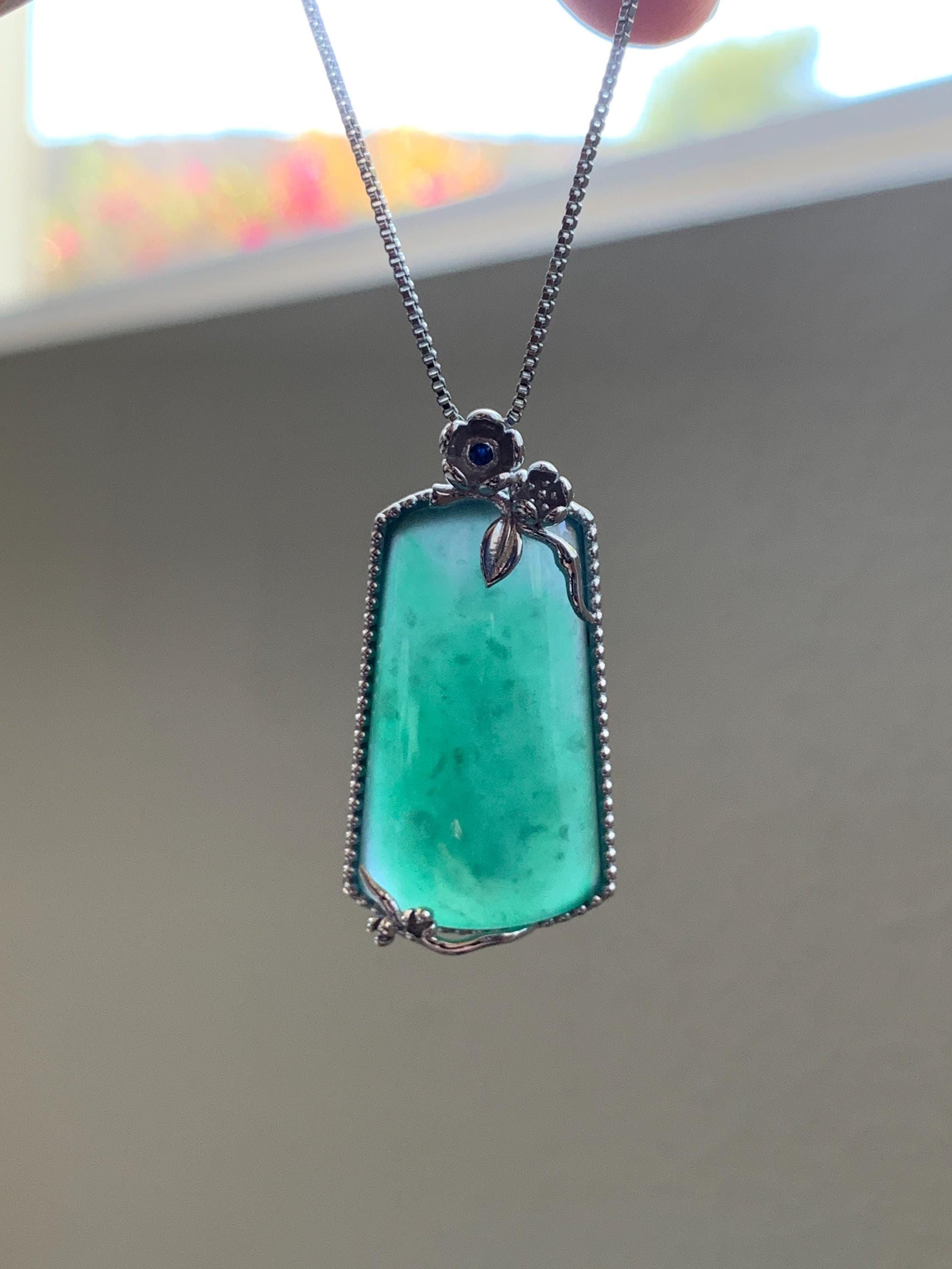 Certified Natural Grade A Guatemalan Icy Translucent Deep Teal Green Jade Jadeite Wu Shi Pai Pendant Sterling Silver 天然冰危深绿翡翠银镶无事牌吊坠 9459