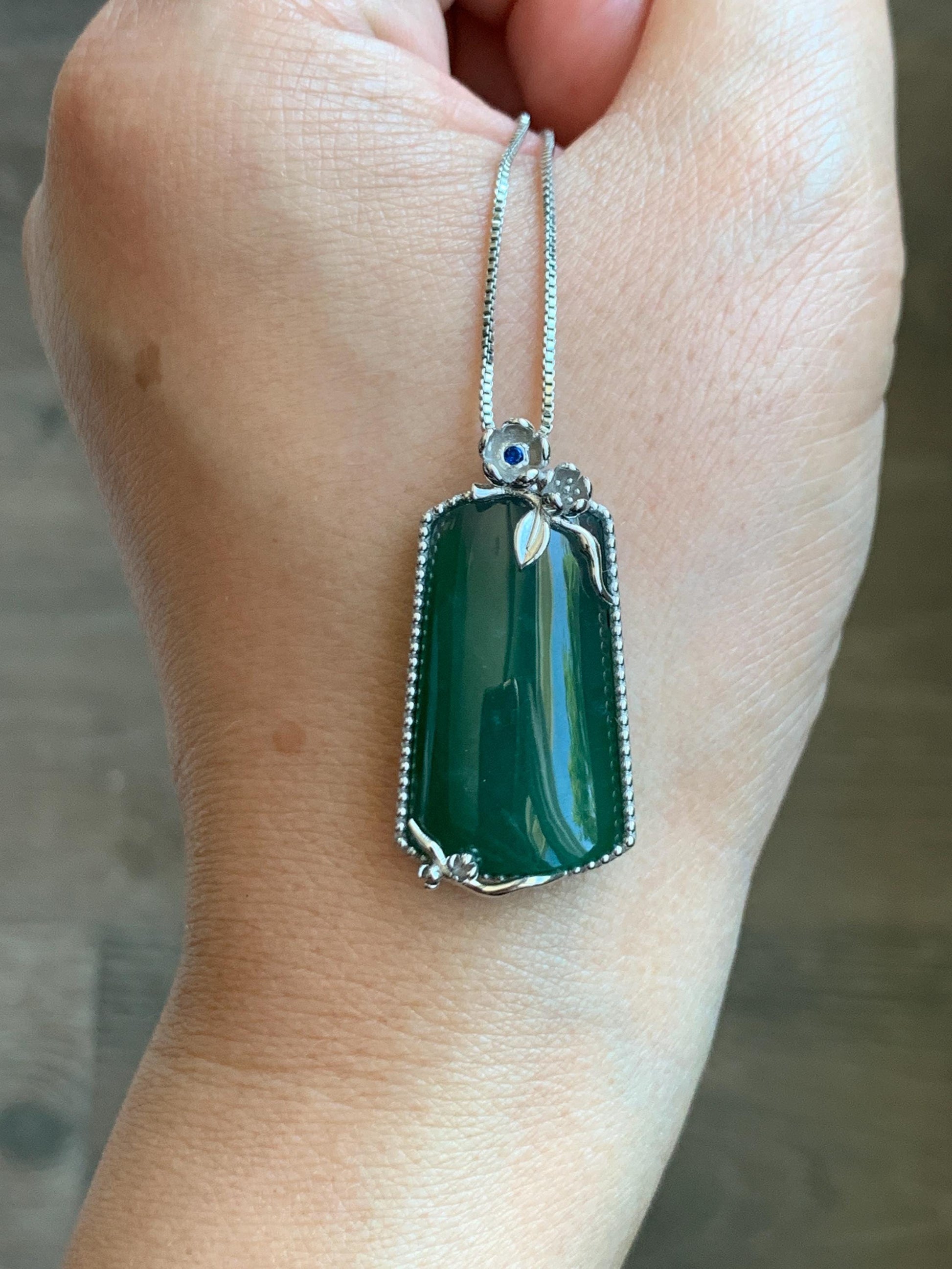 Certified Natural Grade A Guatemalan Icy Translucent Deep Teal Green Jade Jadeite Wu Shi Pai Pendant Sterling Silver 天然冰危深绿翡翠银镶无事牌吊坠 9459